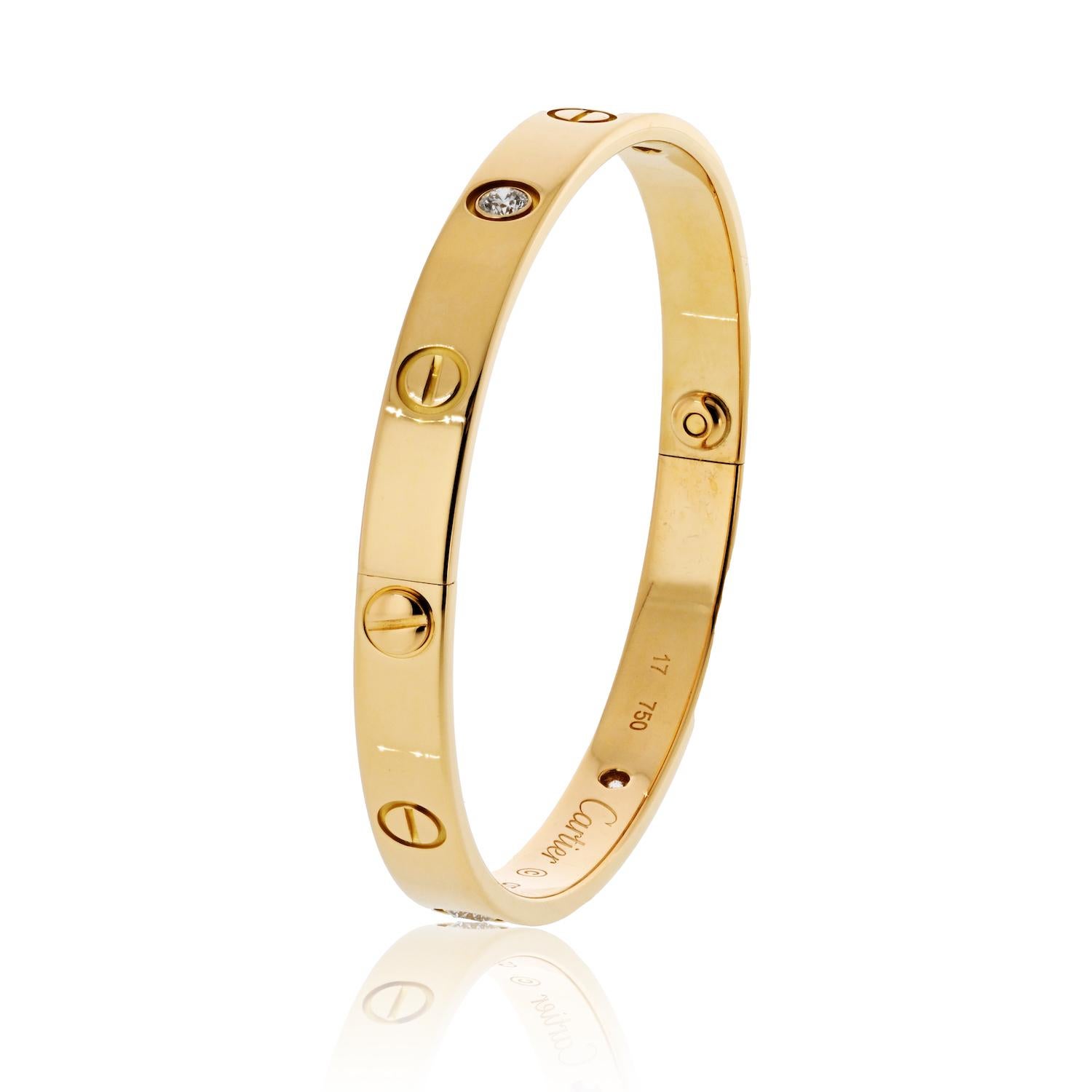 Modern Cartier 18K Yellow Gold Love Bracelet 4 Diamonds Size 17 For Sale