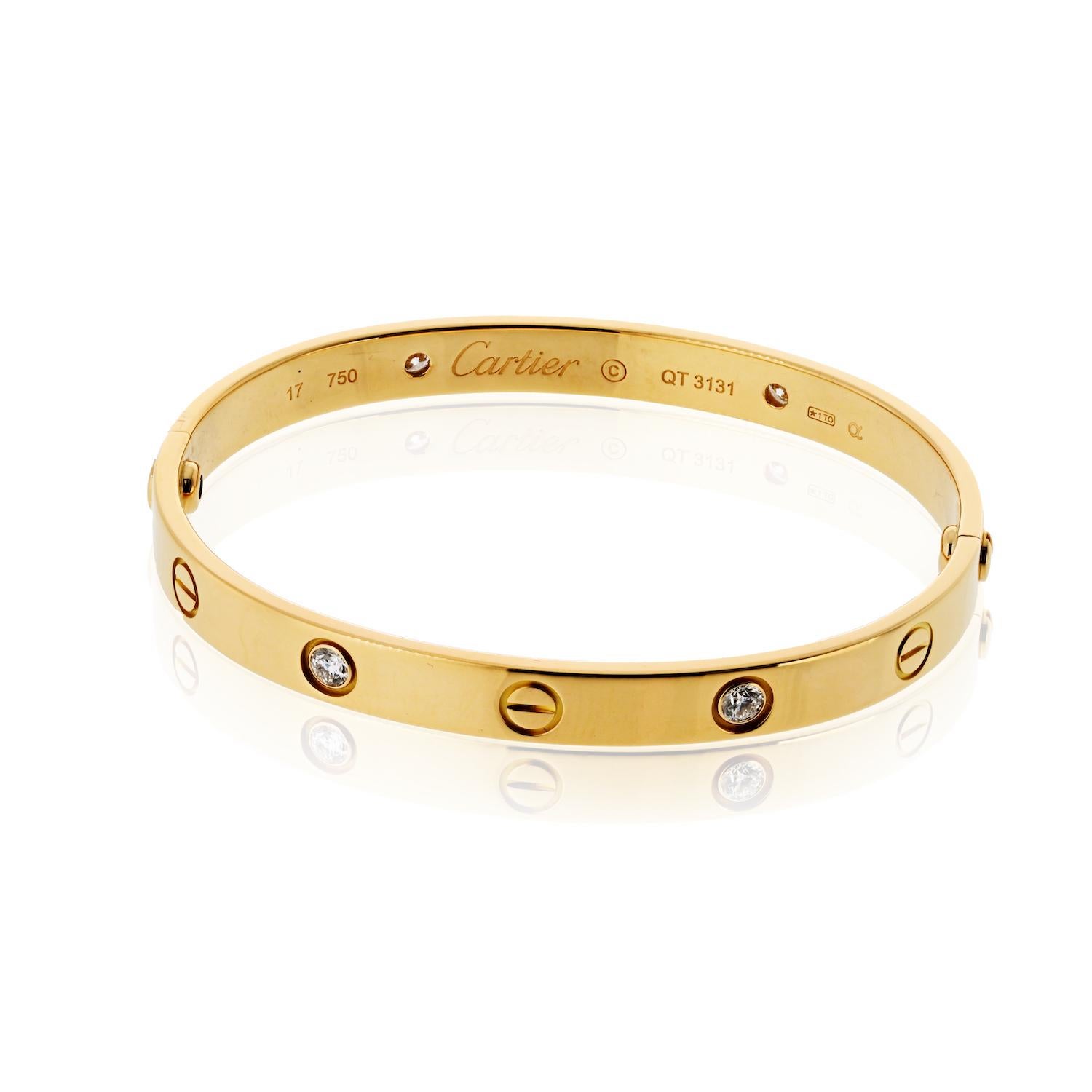 Round Cut Cartier 18K Yellow Gold Love Bracelet 4 Diamonds Size 17 For Sale