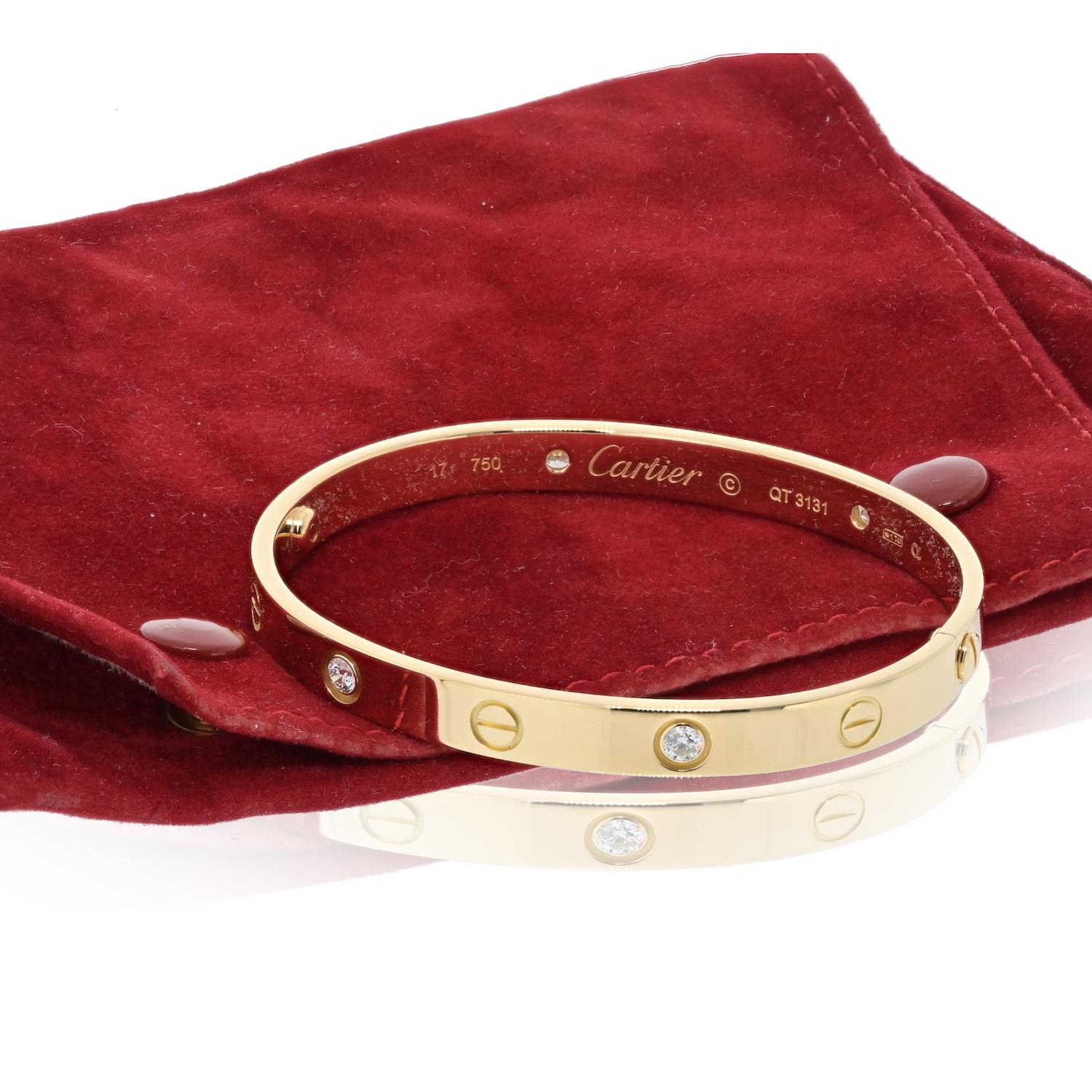 Women's Cartier 18K Yellow Gold Love Bracelet 4 Diamonds Size 17 For Sale