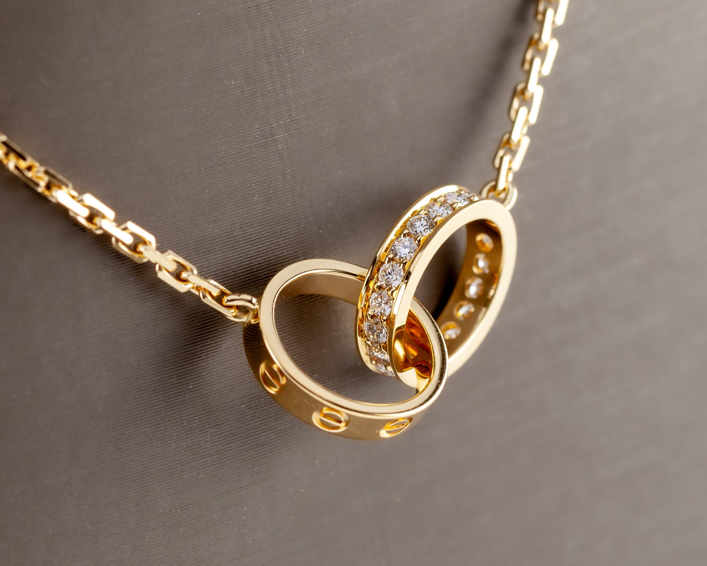 Cartier 18k Yellow Gold Love Necklace w/ 0.22 cts Diamonds Original Pouch In Excellent Condition In Sherman Oaks, CA
