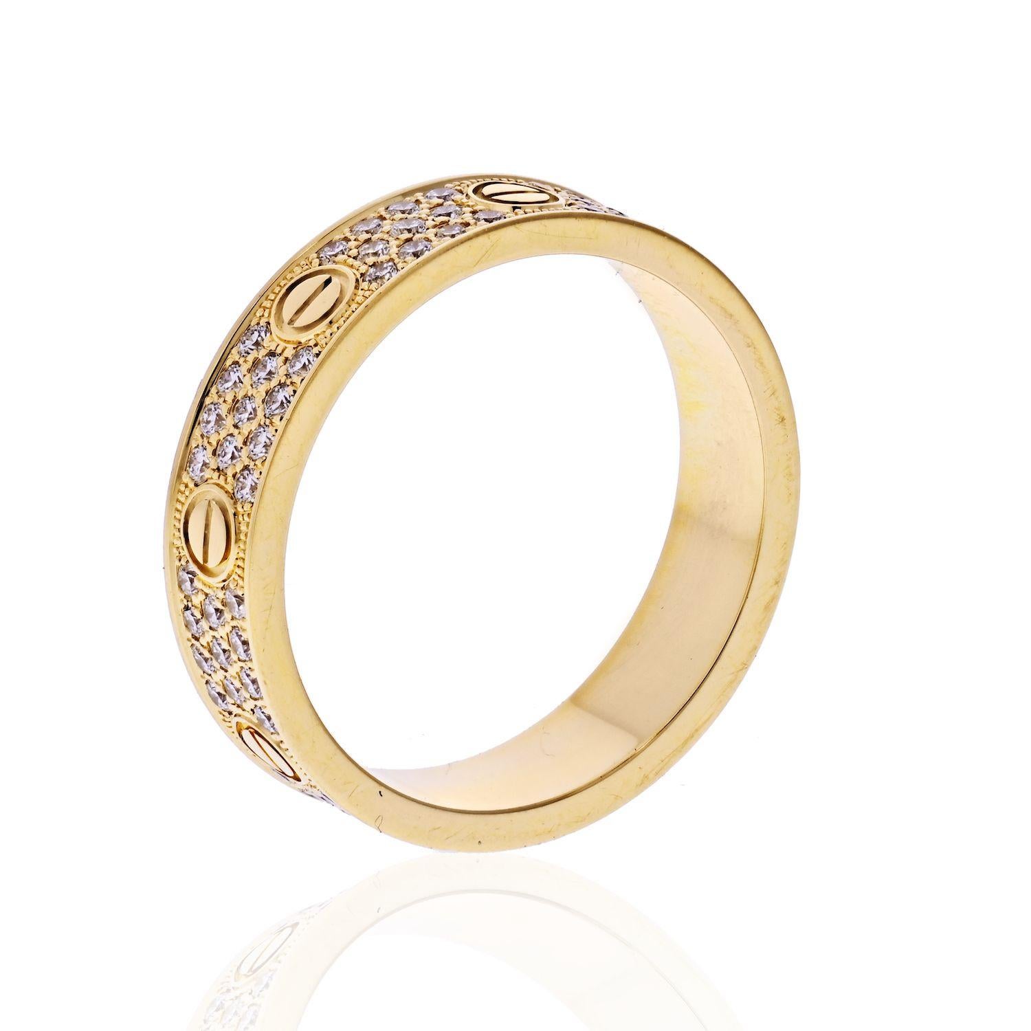 Cartier 18K Yellow Gold Love Pave Diamond Ring
Size 53 
Width: 4.7mm
Service papers.