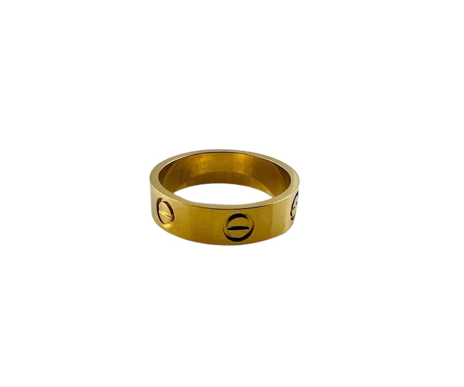 Cartier 18K Love Ring 

This beautiful authentic love ring is set in 18K yellow gold and comes with original inner and outer box, travel box, certificate, receipt, booklet and gift bag. 

Ring is a size 57 / US 8

Approx. 5mm wide

Stamped Cartier