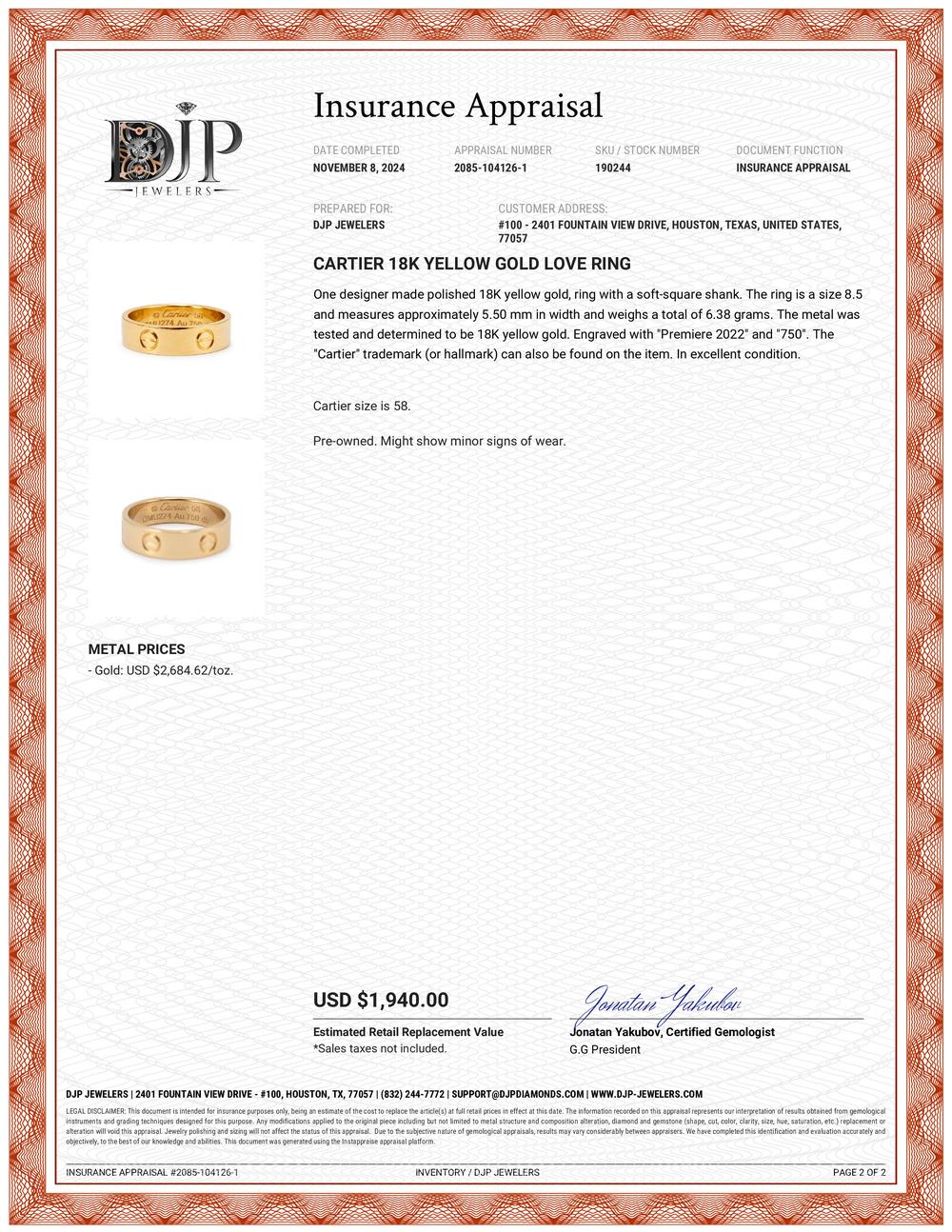 Cartier 18K Yellow Gold Love Ring 4