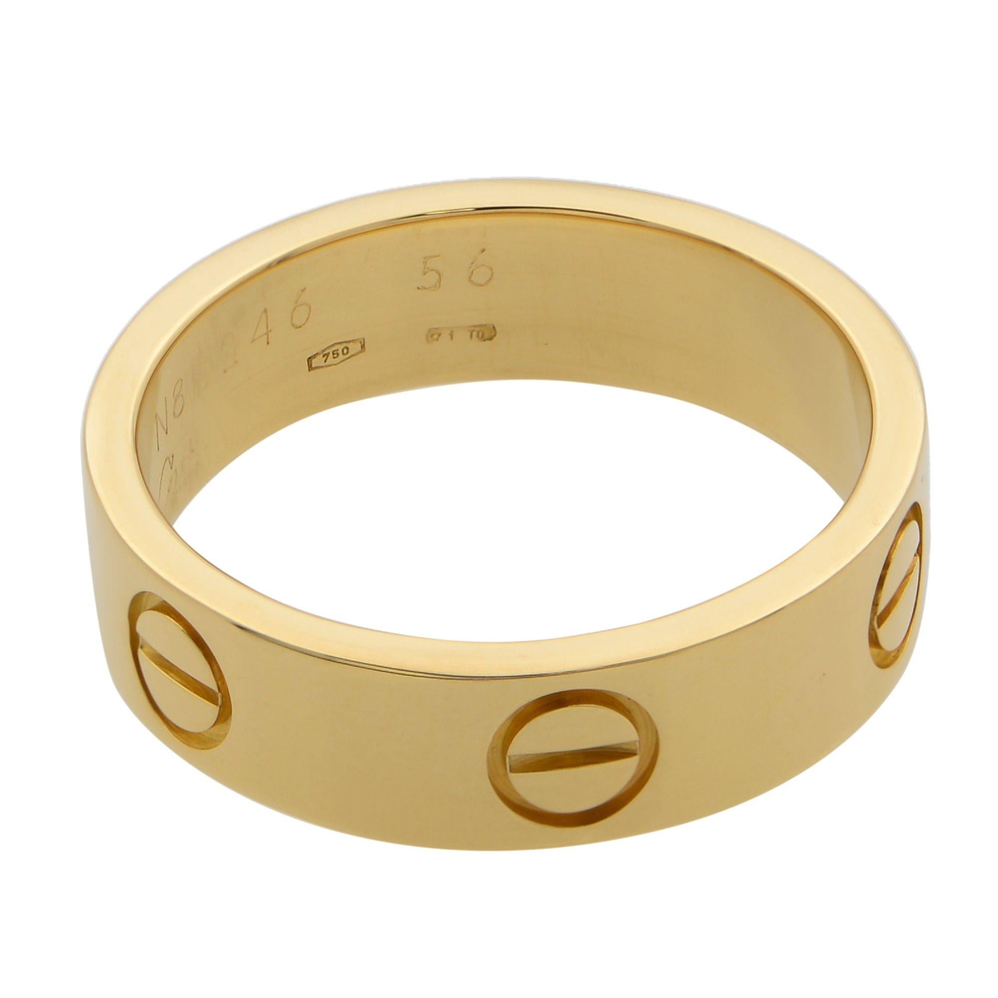 Cartier 18 Karat Yellow Gold Love Ring In Excellent Condition In New York, NY