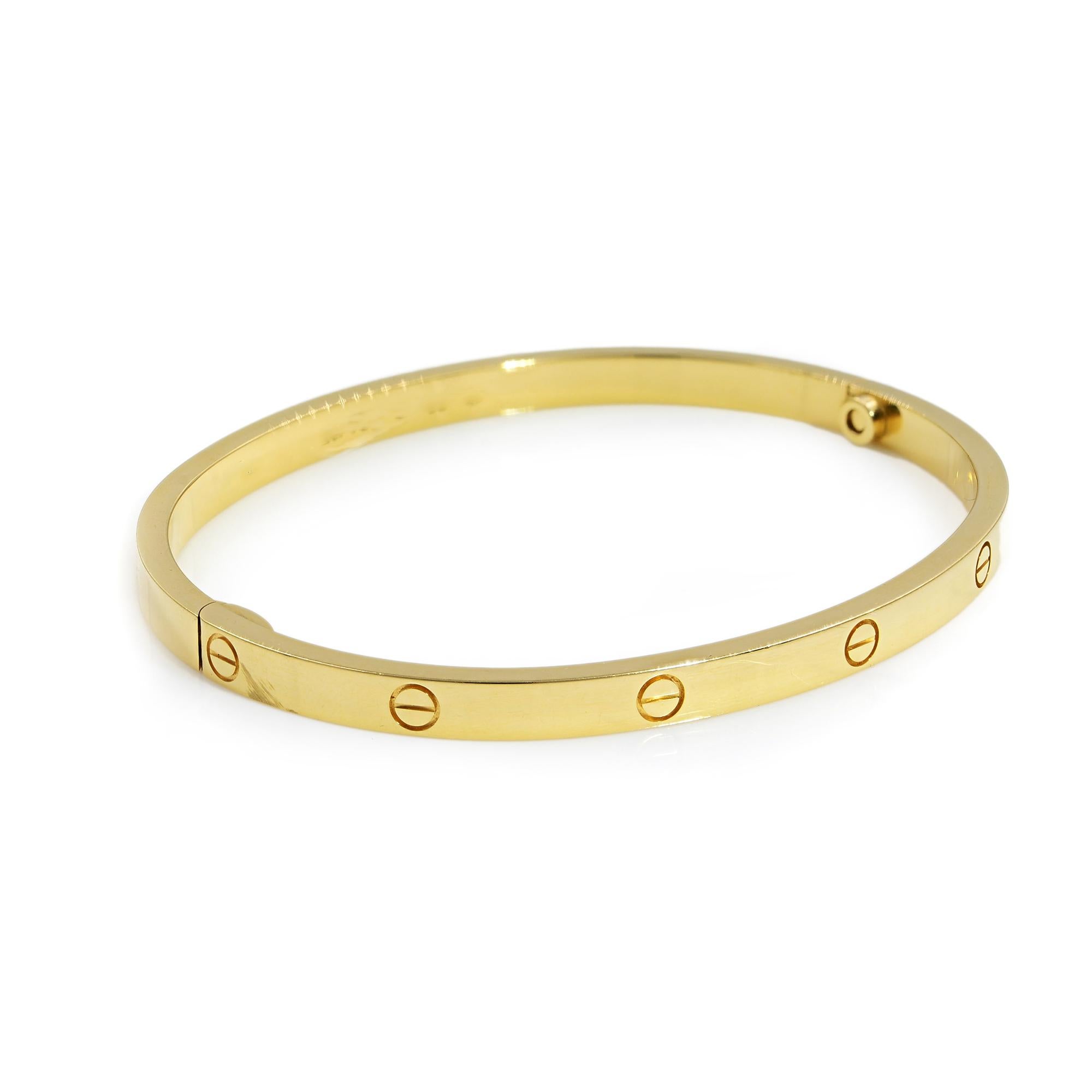 Cartier Yellow Gold Small Model Love Bracelet Size 16
Comes with box, papers and a screw driver

Metal Type: 18K Gold
Hallmark: 750, Serial Number 
Metal Finish: High Polish
Collection: Love
Condition: Very good. 