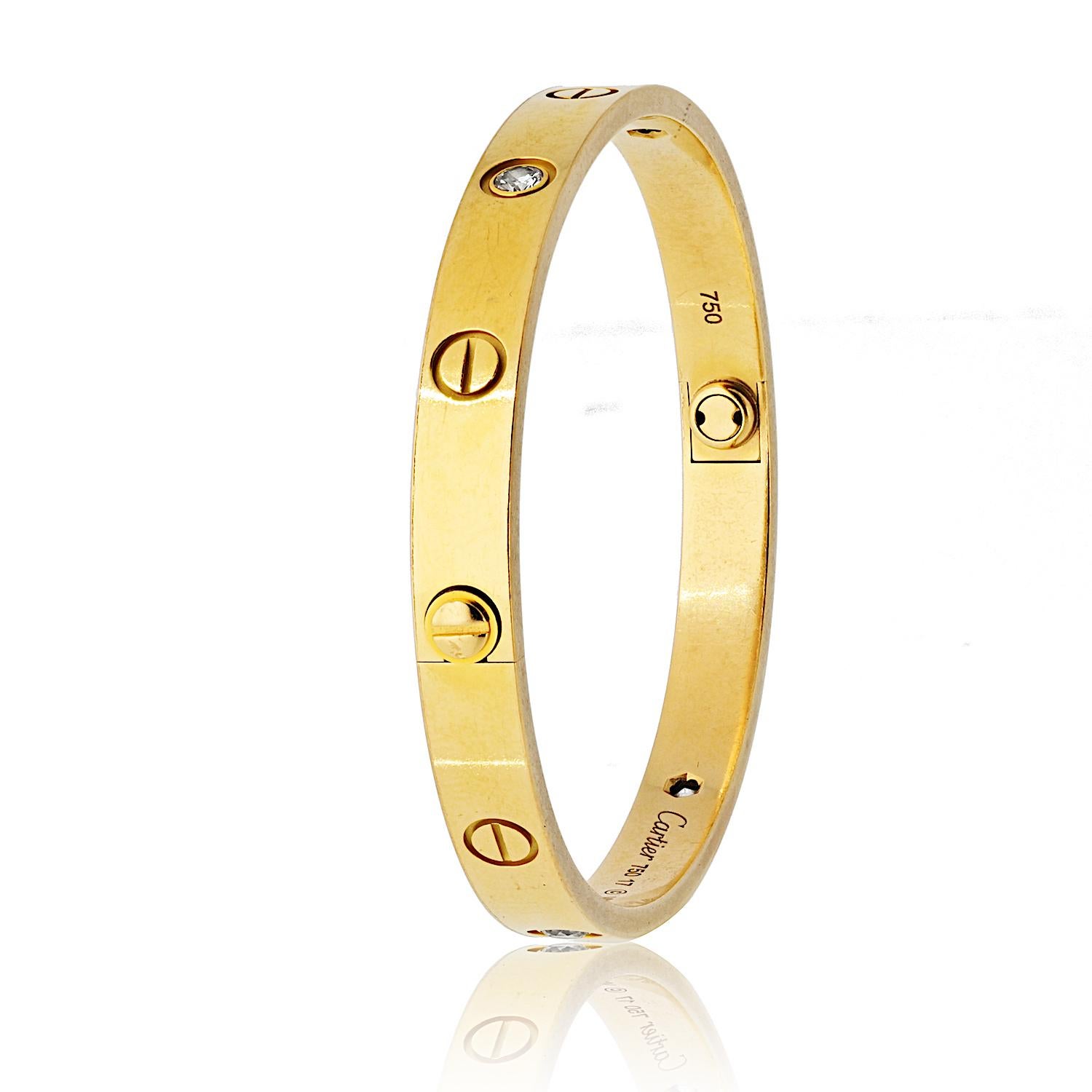 Cartier 18K Gelbgold Love With Four Diamonds 17 Armreif-Armband (Rundschliff)