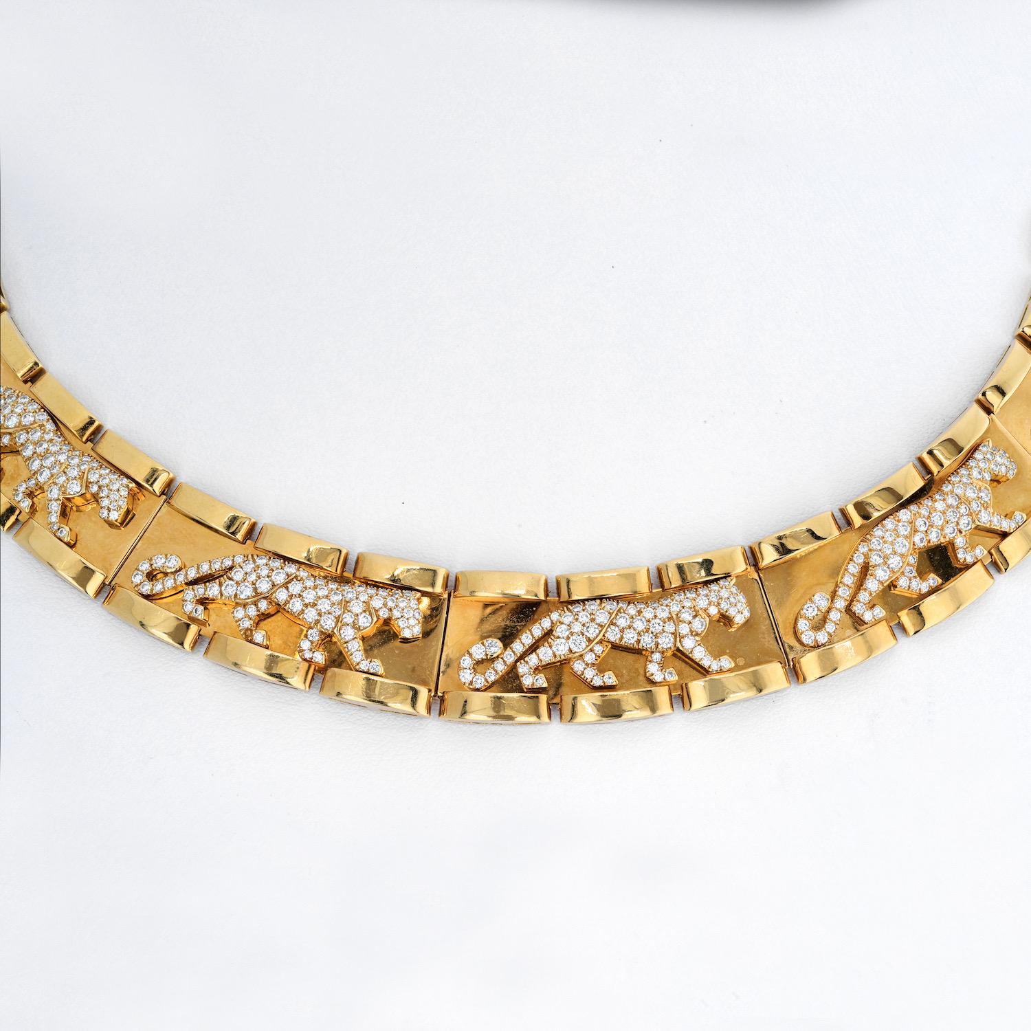 Cartier Walking Panthere Diamond Collar Necklace. 
Round brilliant-cut diamonds, total approximately 4.90 cts.
Signed, French assay and maker's mark, numbered
18K yellow gold, inner circumference approximately 15 inches.
