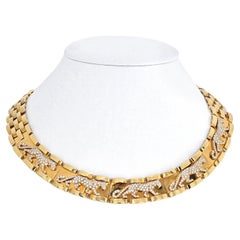 Cartier 18K Yellow Gold Mahango Walking Panthere Diamond Collar Necklace