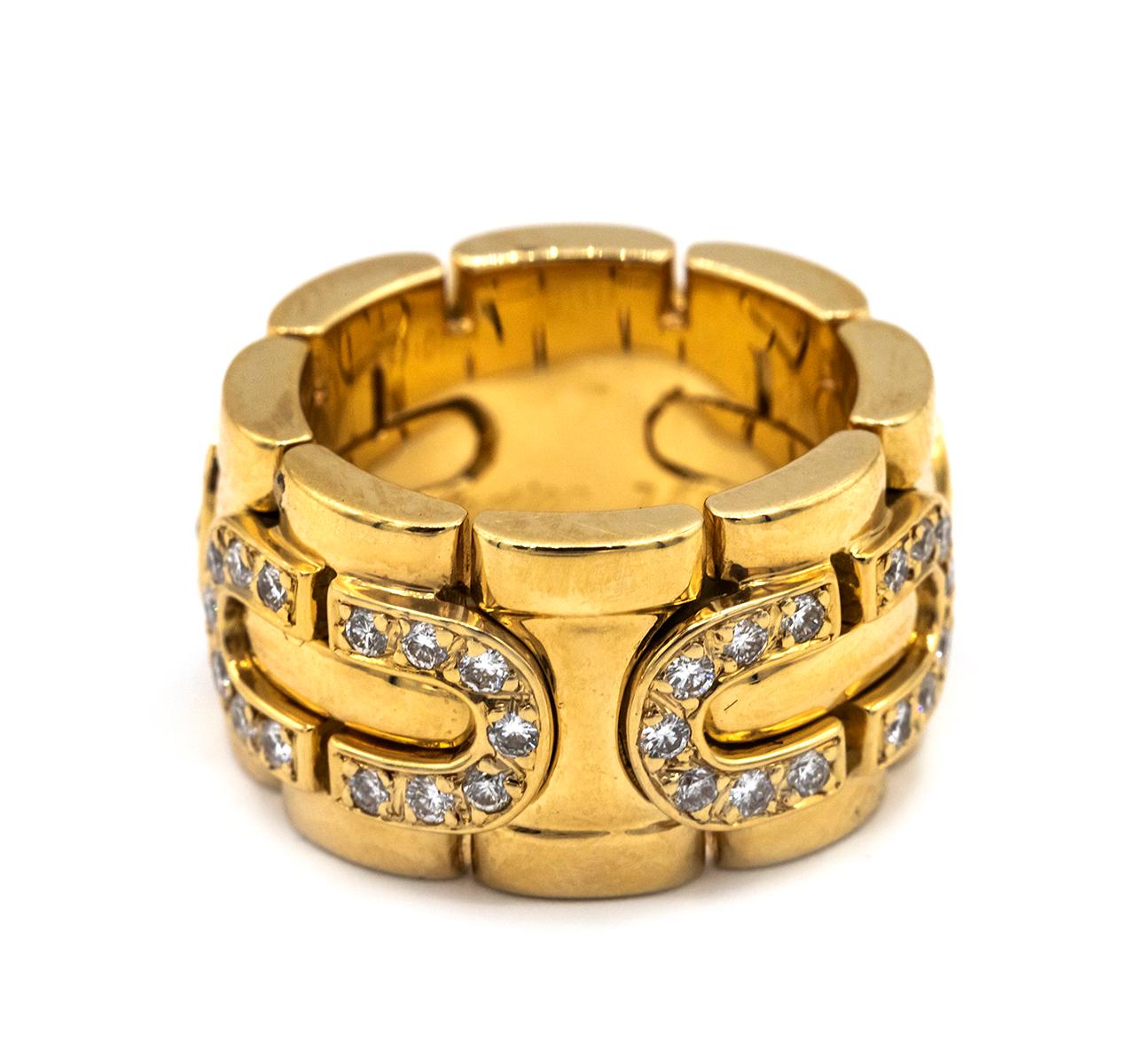 18K yellow gold Cartier link ring with 0.28 carats of round brilliant diamonds. Designer size 47.
Size: 4.5
Metal Type: 18K Yellow Gold
Hallmark: 750, Designer Signature, Maker's Mark, Serial Number, Size, Date
Location: Inside Shank
Metal Finish: