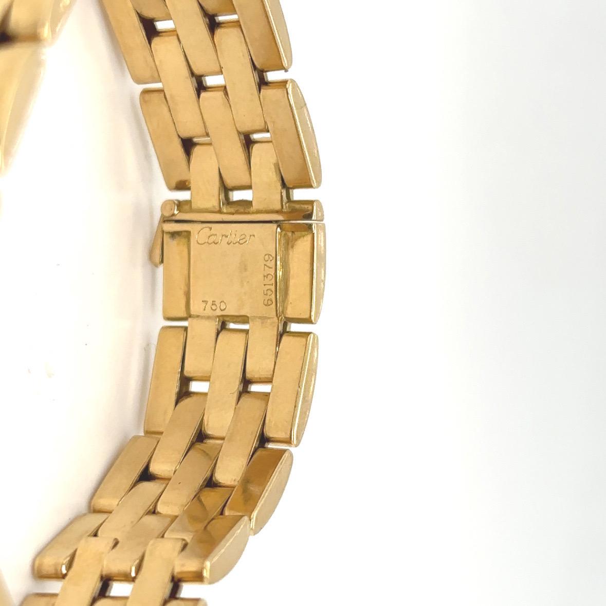 This Cartier 'MAILLON PANTHÈRE' bracelet features 18K yellow gold in a FIVE row brick link design. 7 1/4 inches long. Stamp: 750 651379 Cartier 
French assay and workshop marks