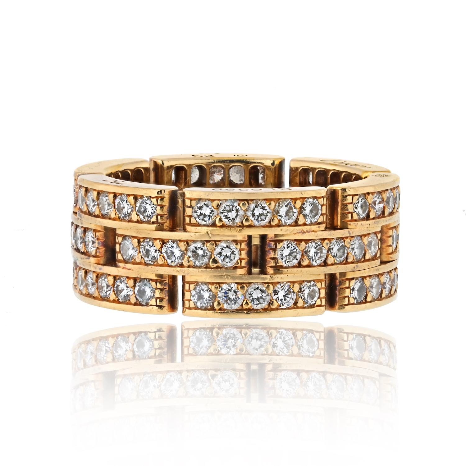 A 3-row band inspired by feline allure. This famous Maillon panther design by Cartier features all round 18k yellow gold links pave-set with 1.50 carats (approx.) of sparkling diamonds. 
EU 53
US 6.5