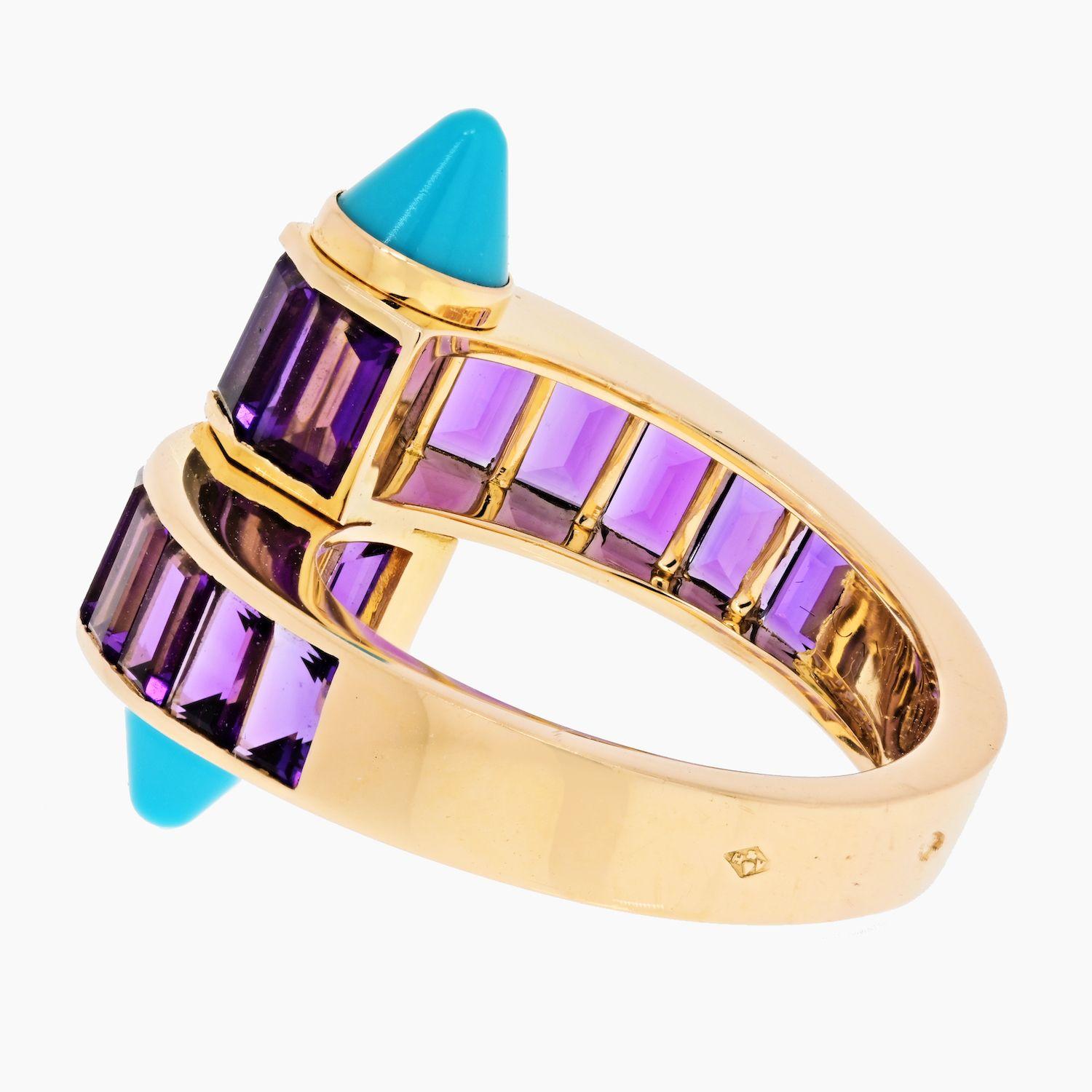 Crafted in 18K rose gold; set with caliber-cut amethyst and cone shape turquoise; measures 1 inch at widest section; ring size 8-1/2; weight 12.60 g.