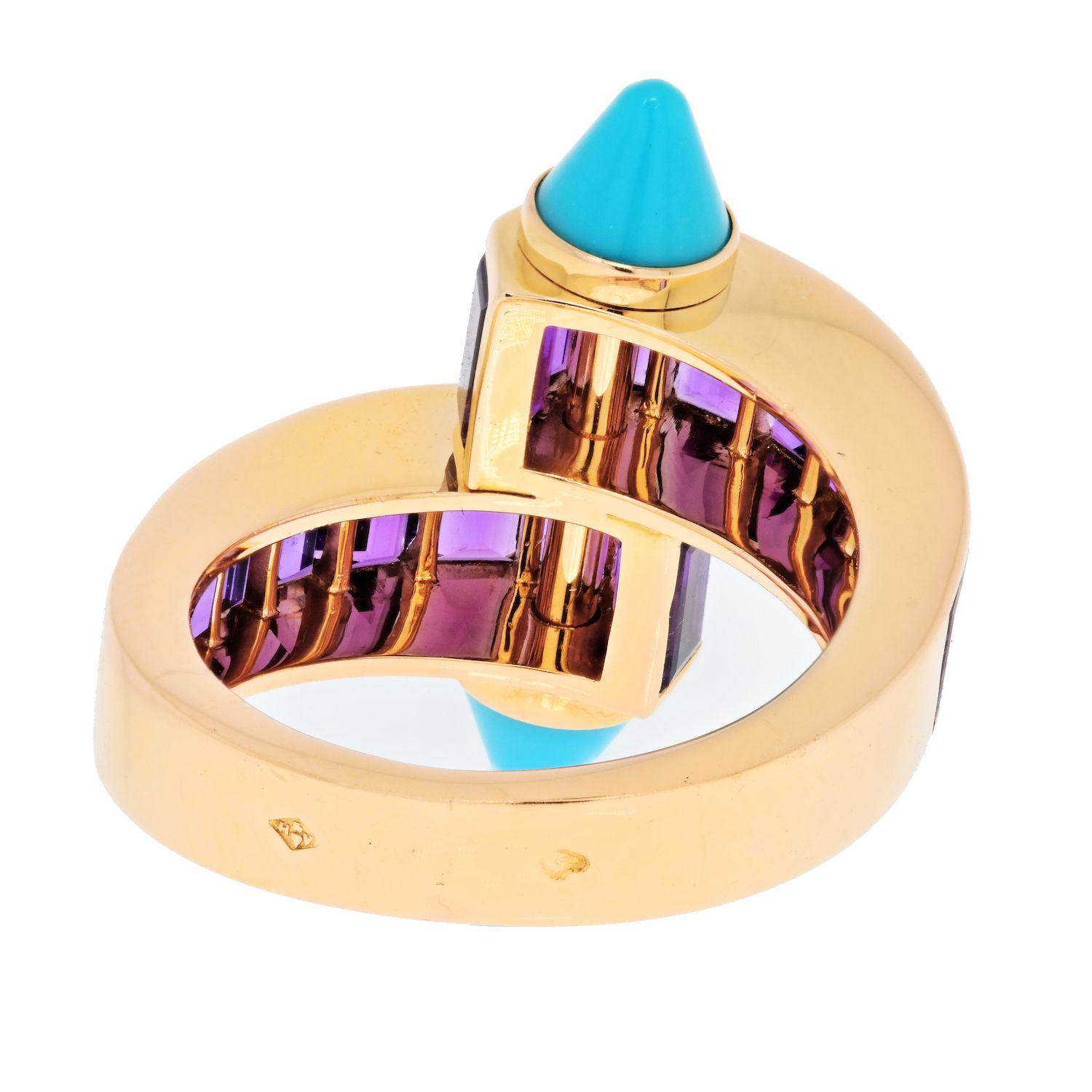 Modern Cartier 18K Yellow Gold Menotte Amethyst and Turquoise Ring