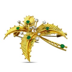 Cartier 18K Yellow Gold Mid Century Diamond Emerald Palm Flower Tree Brooch