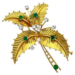 Cartier 18K Yellow Gold Mid Century Diamond Emerald Palm Flower Tree Brooch