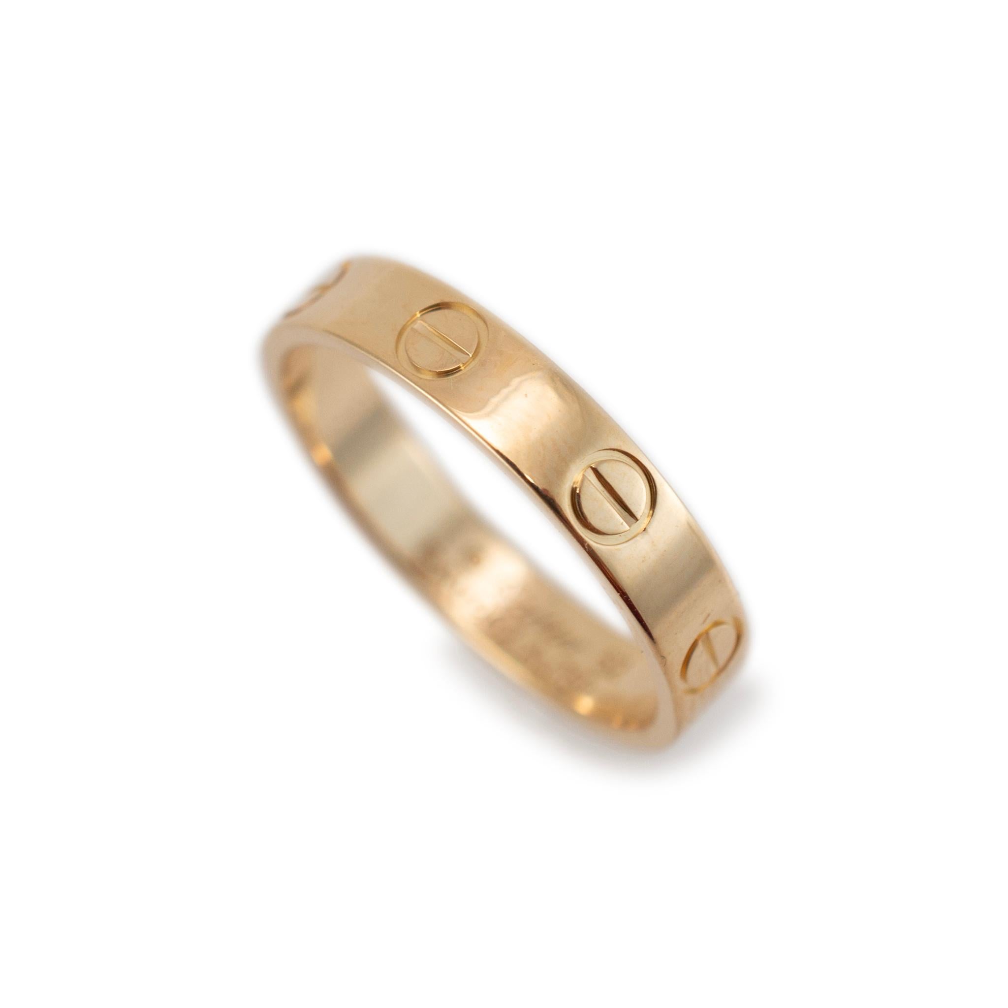 Brand: Cartier 

Gender: Ladies 

Metal Type: 18K Yellow Gold

Ring Size: 6

Width: 3.60 mm

Weight: 3.20 grams

One ladies 18K yellow gold wedding band with a soft-square shank.The metal was tested and determined to be 18K yellow gold. Engraved