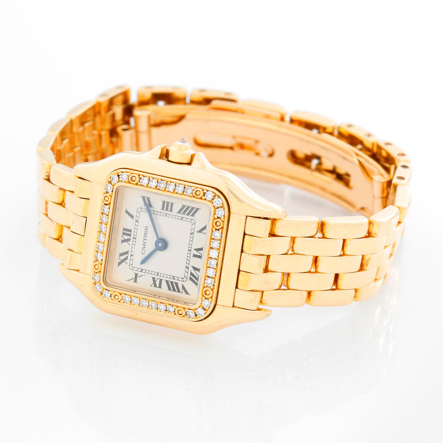 Cartier 18K Yellow Gold Panther Ladies Watch - Quartz. 18K Yellow Gold with diamonds (30 x 22 mm) ; Diamond bezel.. Silver dial with Roman Numerals. 18K Yellow Gold Panther bracelet with deployant buckle. Pre-owned with Cartier  box and books.