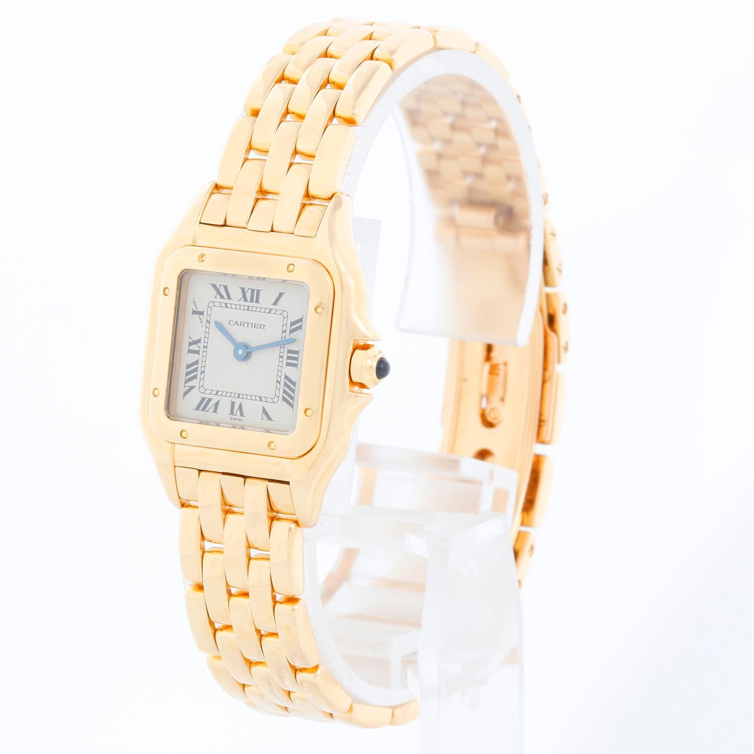Cartier 18K Yellow Gold Panther Ladies Watch W25022B9 - Quartz. 18K Yellow Gold  (30 x 21 mm). Ivory dial with black Roman numerals. 18K Yellow Gold Panthere bracelet. Pre-owned  with Cartier box and papers .