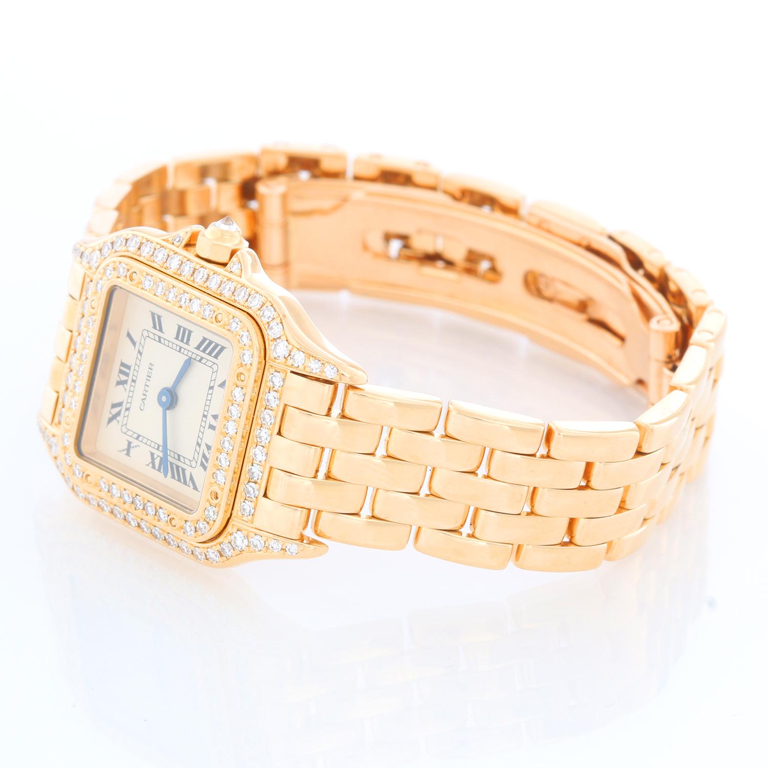 Cartier 18K Yellow Gold Panther Ladies Watch WF3254B9 1280 - Quartz. 18K Yellow Gold with diamonds (30 x 21 mm) ; Diamond bezel and lugs . Ivory dial with black Roman numerals. 18K Yellow Gold Panther bracelet with deployant buckle. Pre-owned with