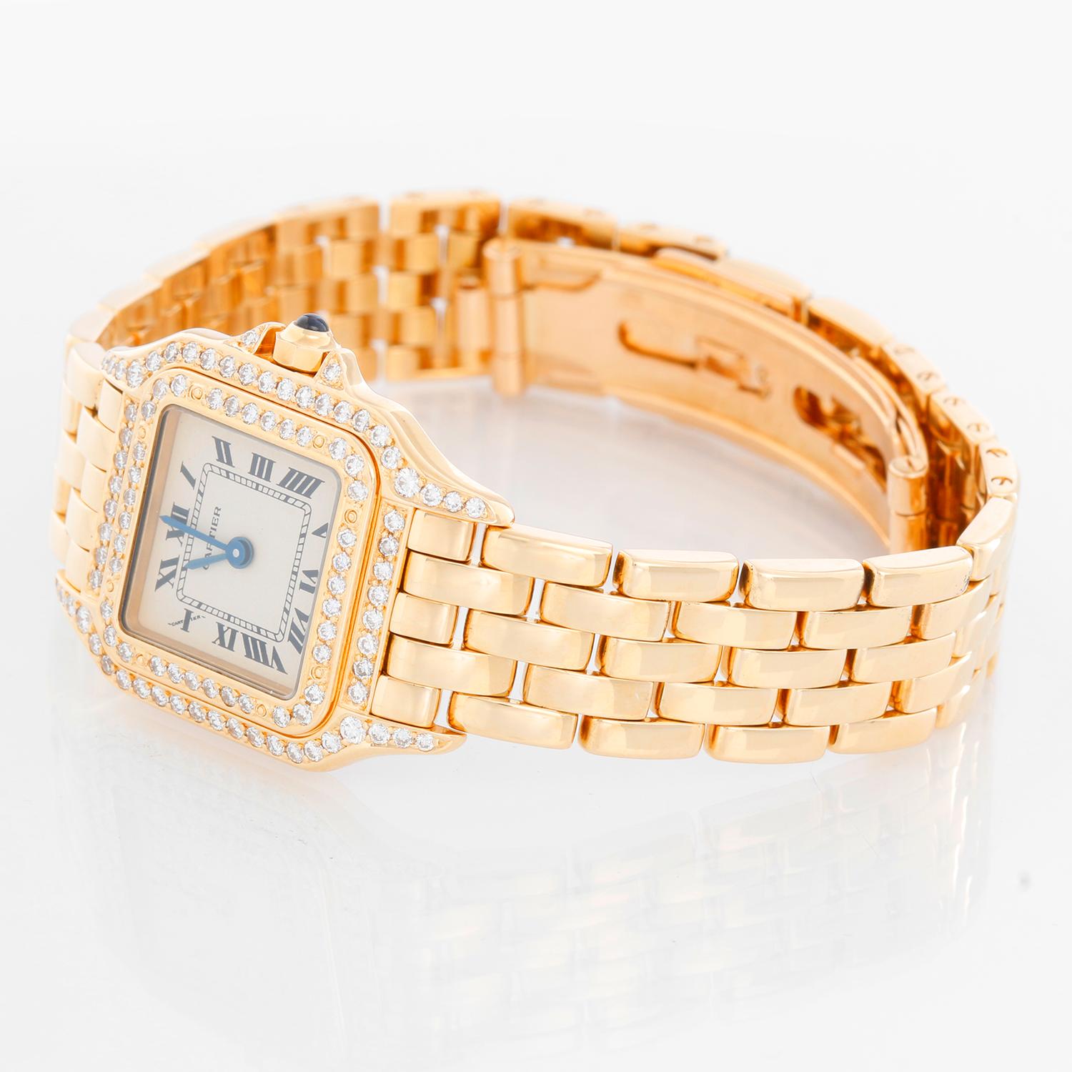 Cartier 18K Yellow Gold Panther Ladies Watch WF3254B9 1280 - Quartz. 18K Yellow Gold with diamonds (22 x 30mm) ; Diamond bezel and lugs. Ivory dial with black Roman numerals. 18K Yellow Gold Panther bracelet with deployant buckle. Pre-owned with