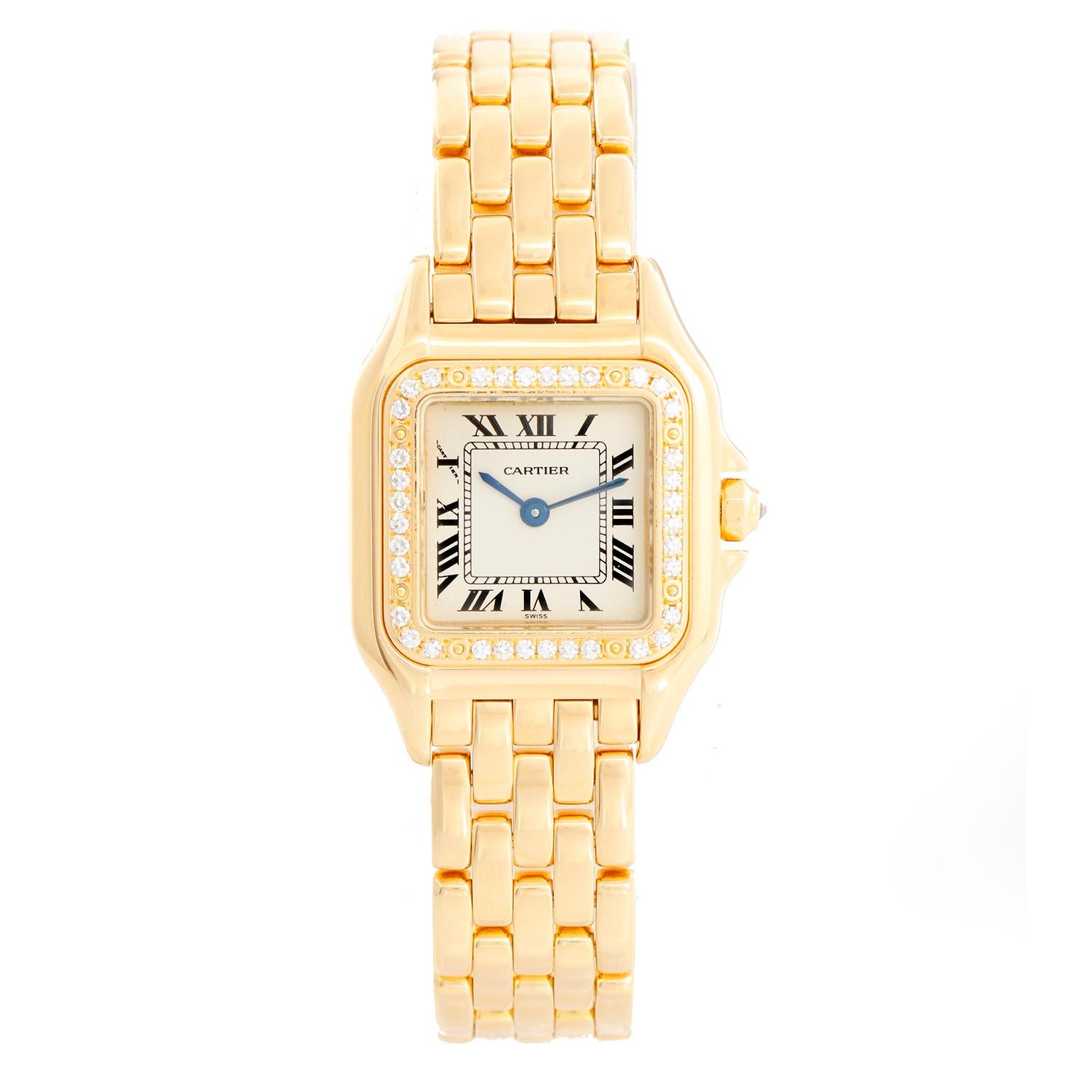 Cartier 18K Yellow Gold Panther Ladies Watch WF3254B9 1280 - Quartz. 18K Yellow Gold with diamonds (30 x 21 mm) ; Factory diamond bezel. Ivory dial with black Roman numerals. 18K Yellow Gold Panther bracelet with deployant buckle. Pre-owned with