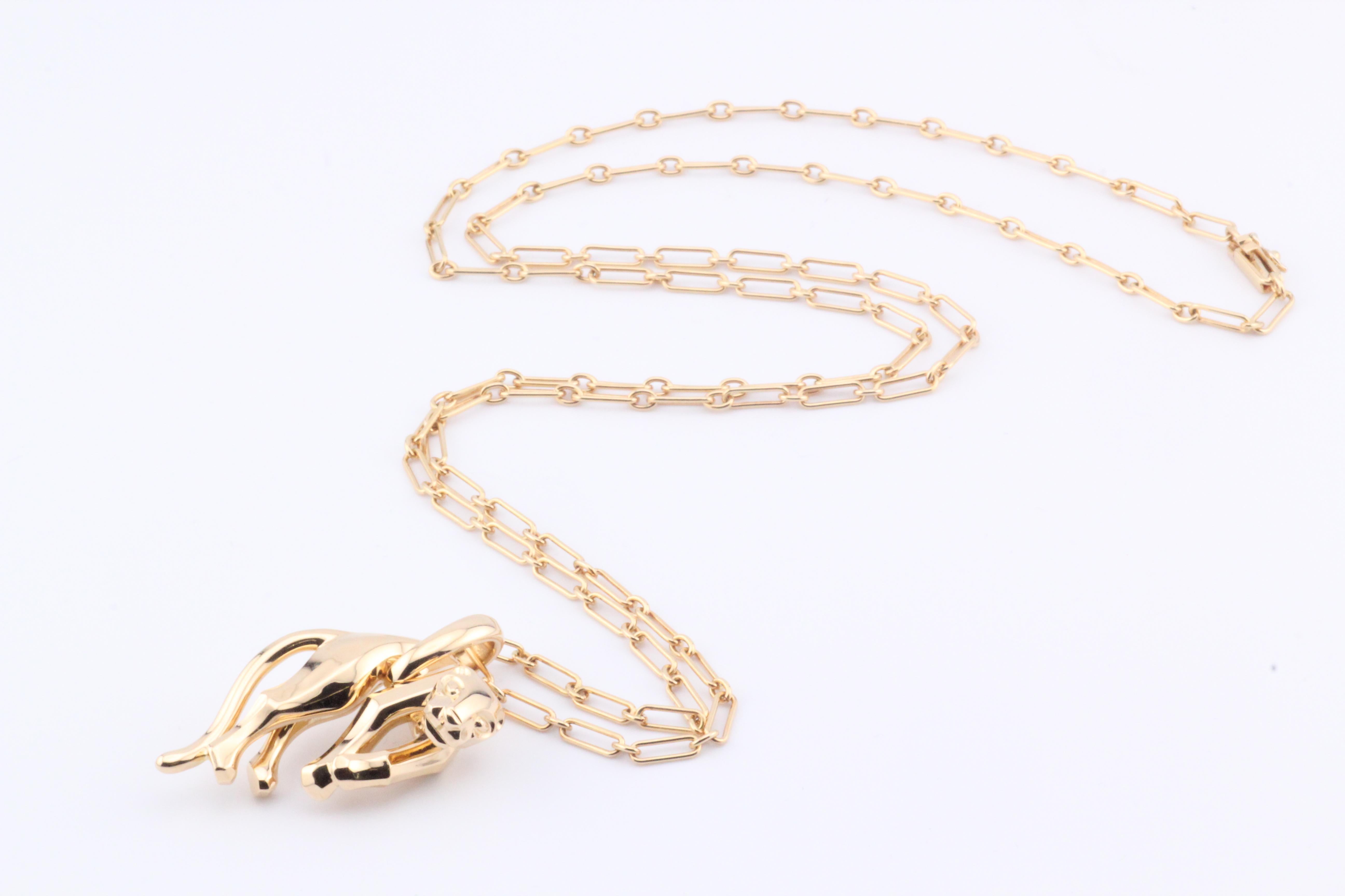 Cartier 18k Yellow Gold Panther Pendant Long Chain Necklace In Good Condition In Simpsonville, SC