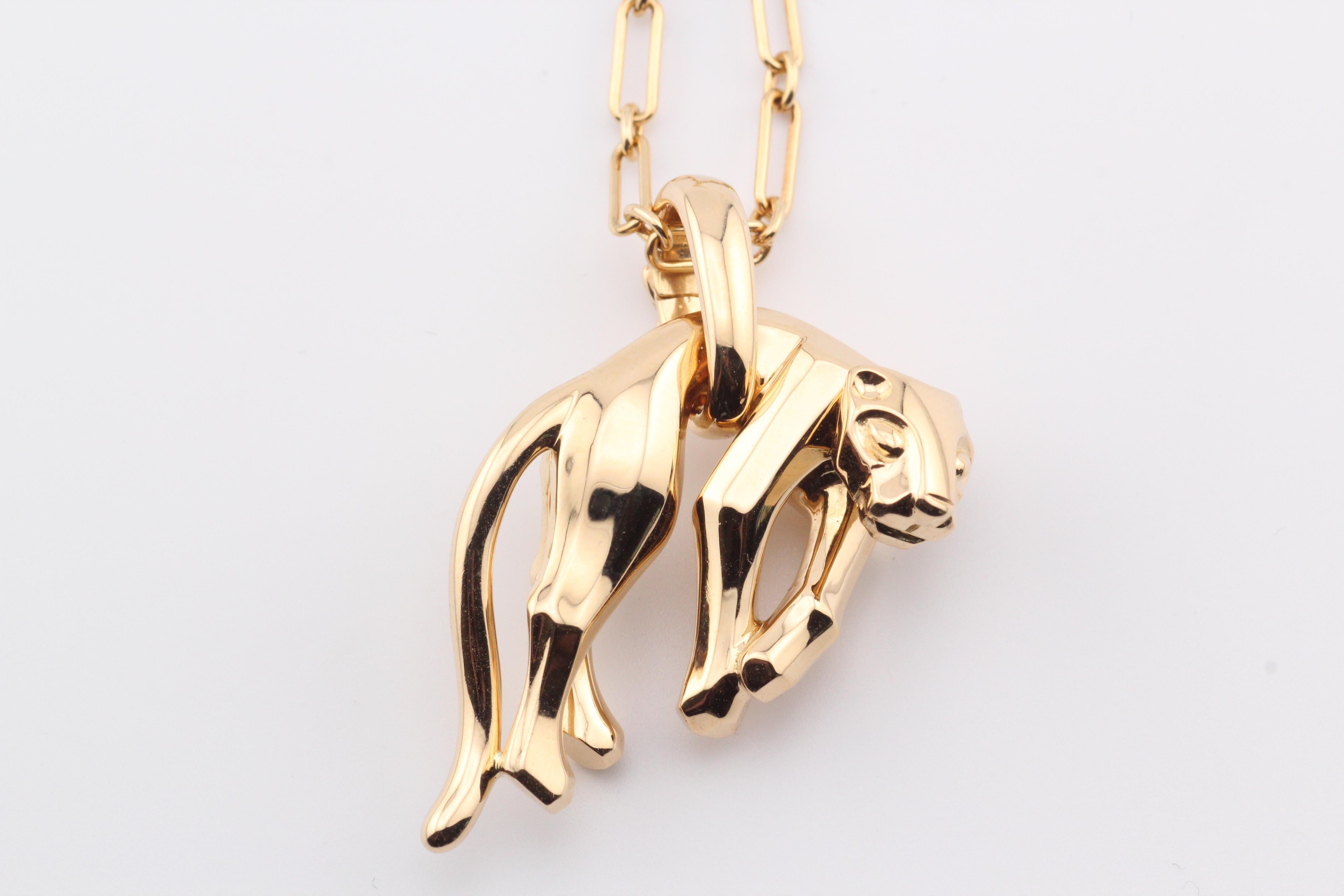 Women's or Men's Cartier 18k Yellow Gold Panther Pendant Long Chain Necklace