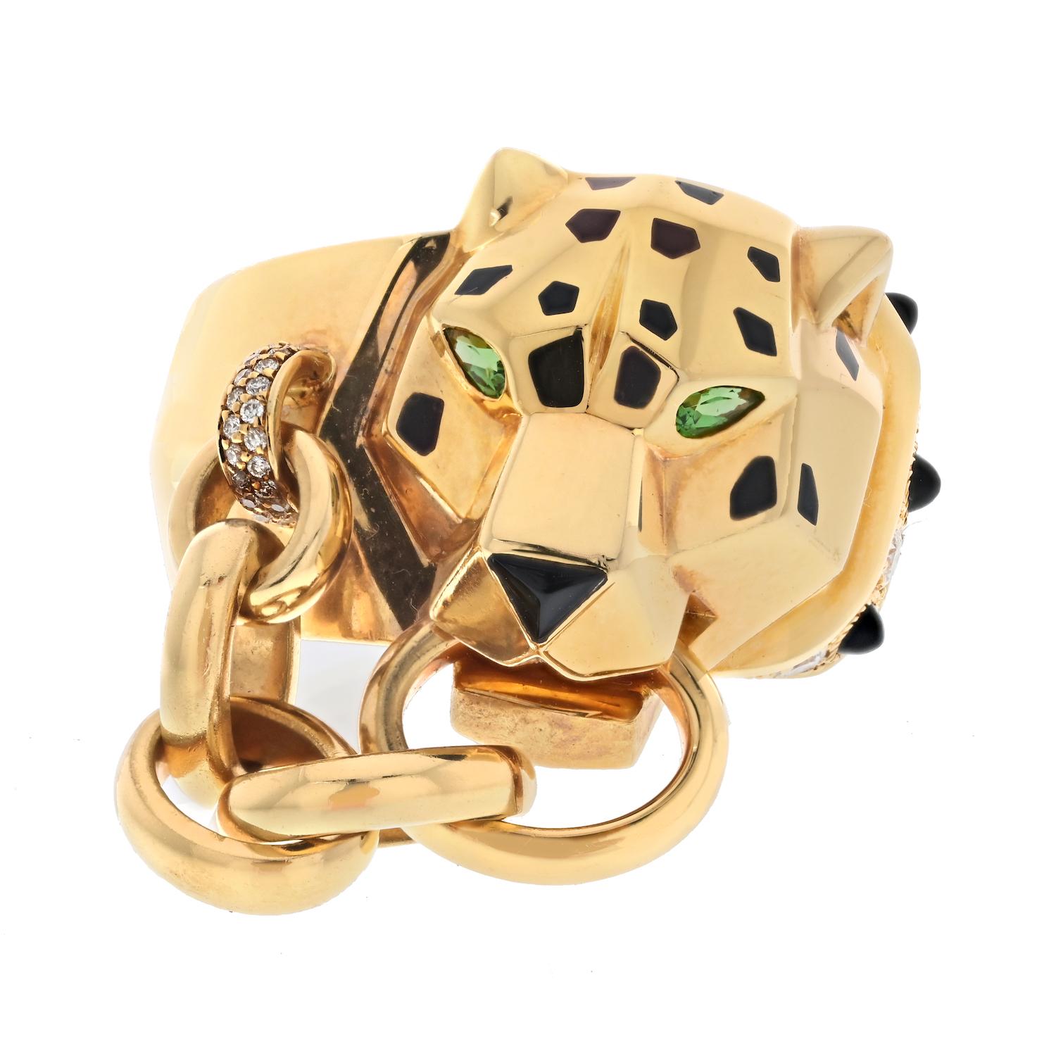 Cartier 18 Karat Gelbgold Panther mit Kette in Mouth Ring (Rundschliff) im Angebot