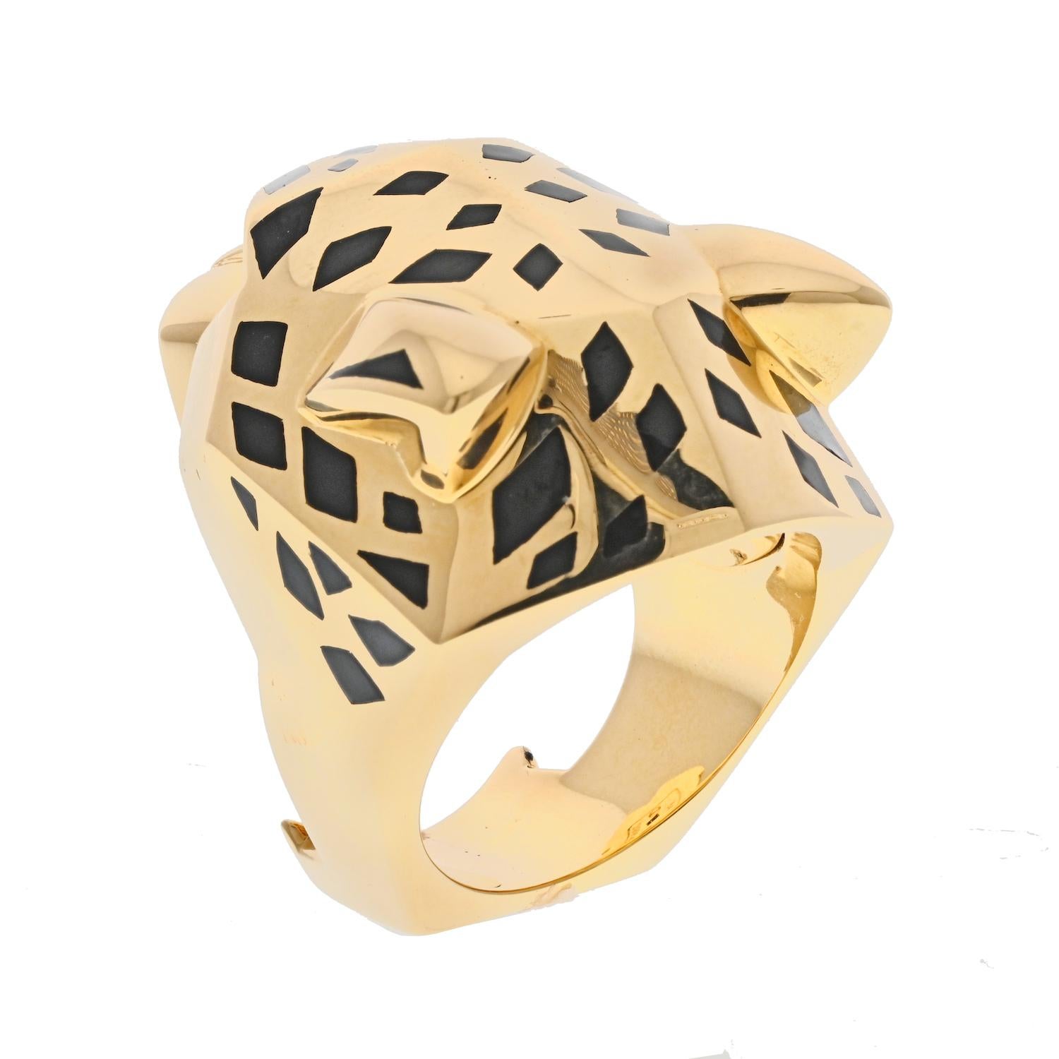 Cartier 18k Yellow Gold Panthere Head Solid Design Spotted Lacquer Ring 1