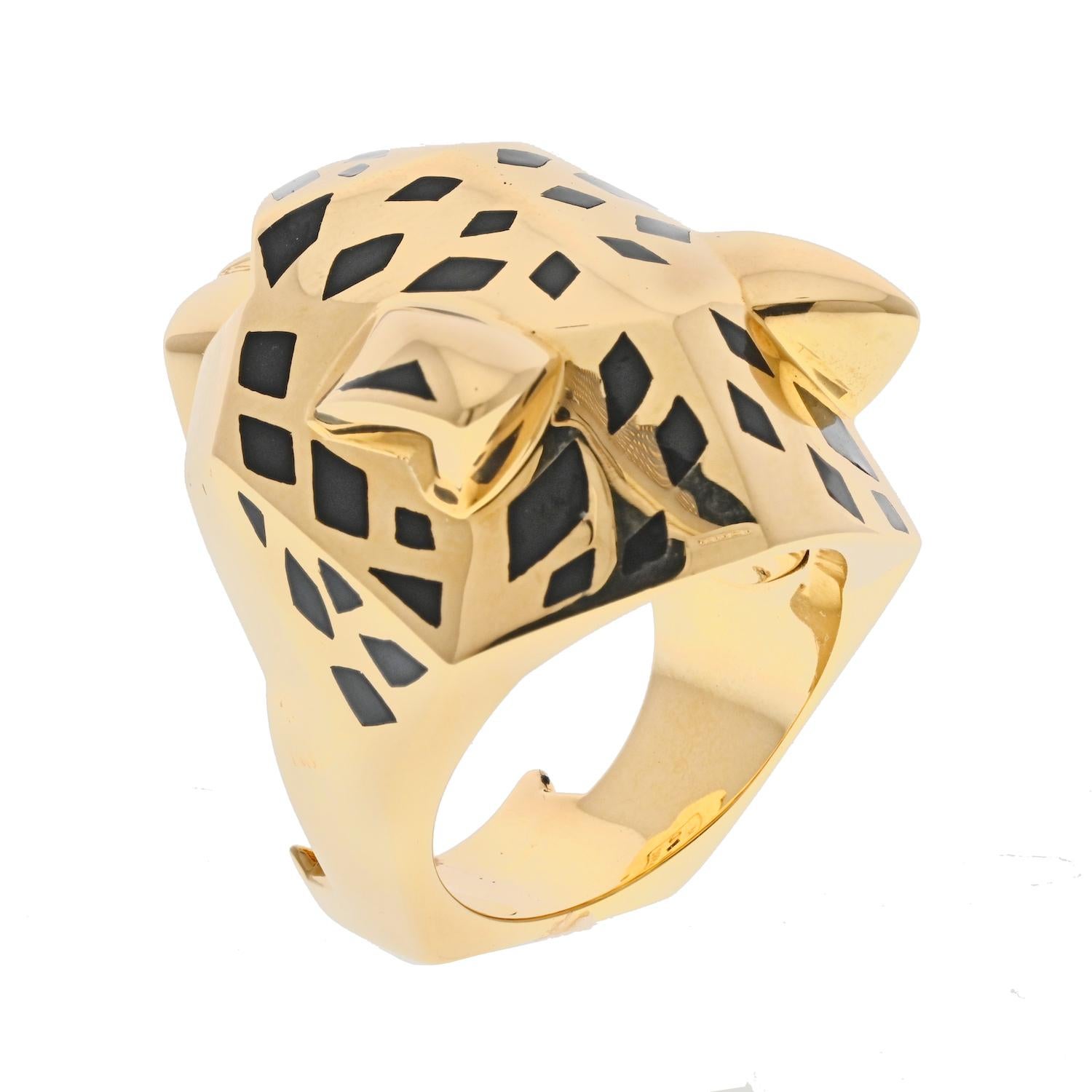 Cartier, bague tête de panthère en or jaune 18 carats à motif massif et laque tachetée 4