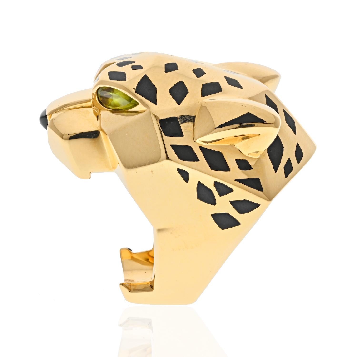 Cartier 18k Yellow Gold Panthere Head Solid Design Spotted Lacquer Ring 2
