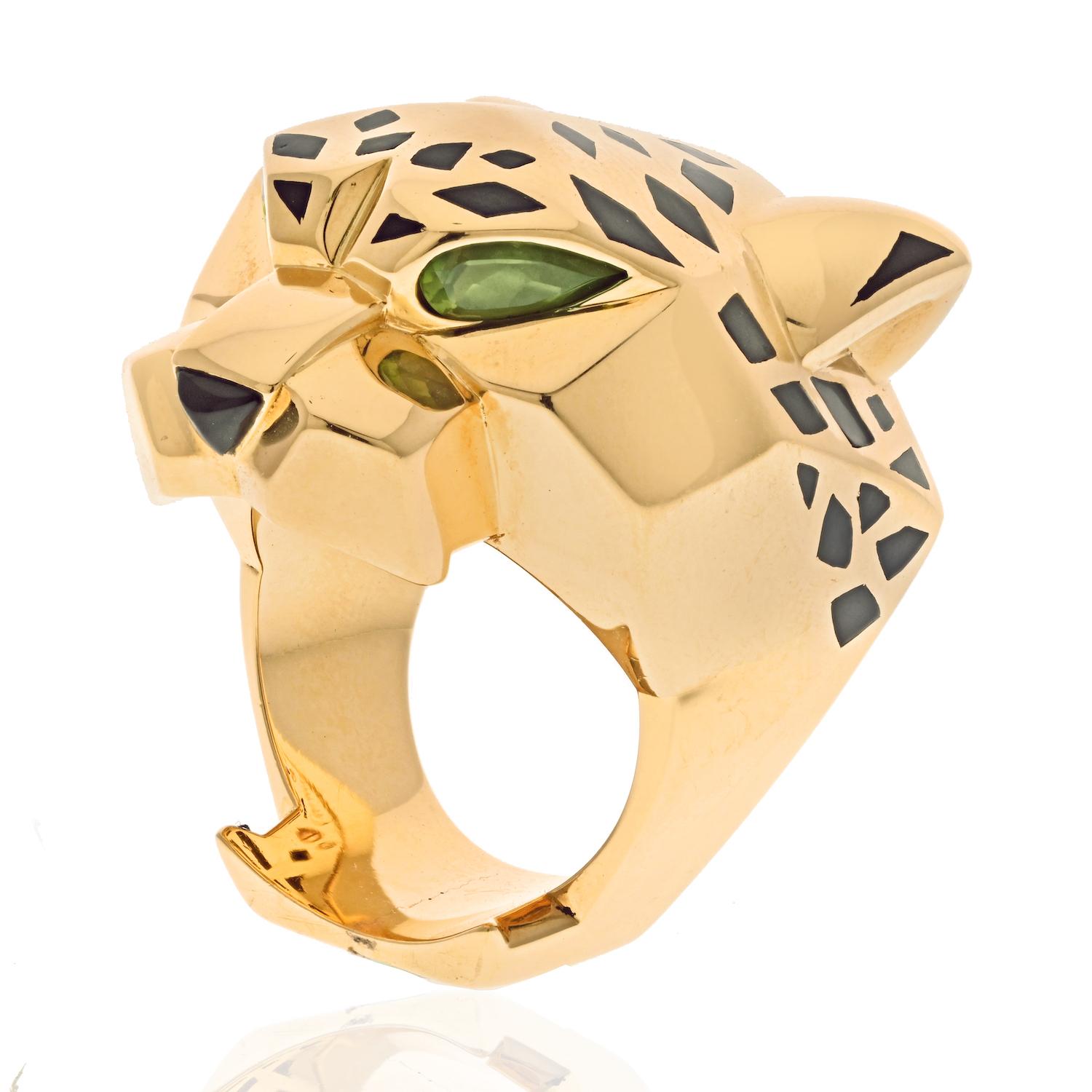 Cartier 18k Yellow Gold Panthere Head Solid Design Spotted Lacquer Ring 3