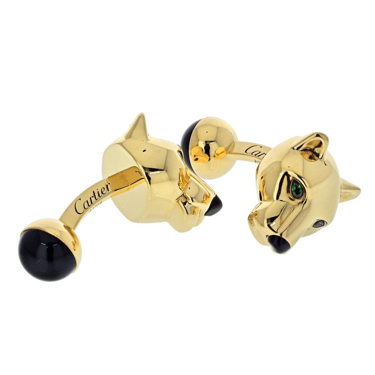 Cartier 18K Yellow Gold Panthere Heads Mens Cuff Links at 1stDibs