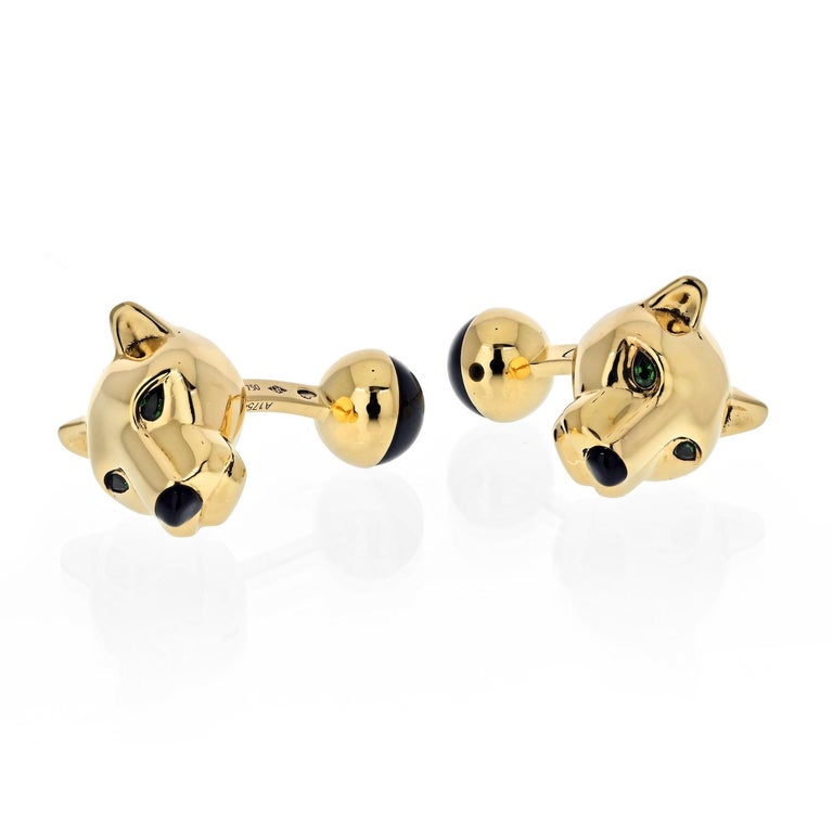 Cartier 18K Yellow Gold Panthere Heads Mens Cuff Links at 1stDibs