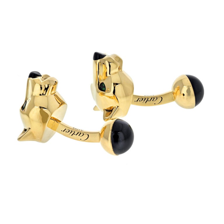 Cartier 18K Yellow Gold Panthere Heads Mens Cuff Links at 1stDibs