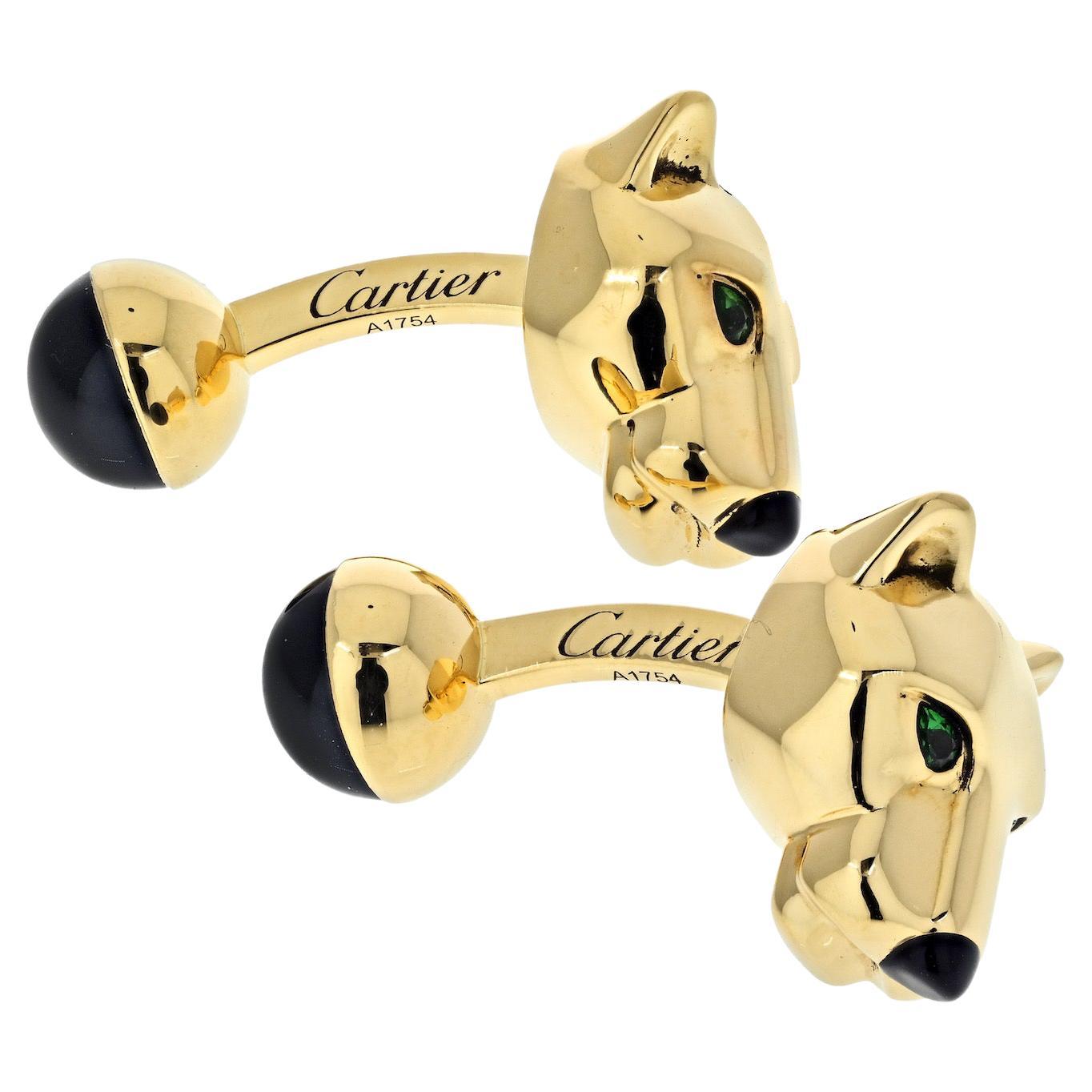 Cartier 18K Yellow Gold Panthere Heads Mens Cuff Links