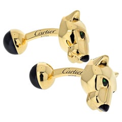 Cartier 18K Yellow Gold Panthere Heads Mens Cuff Links