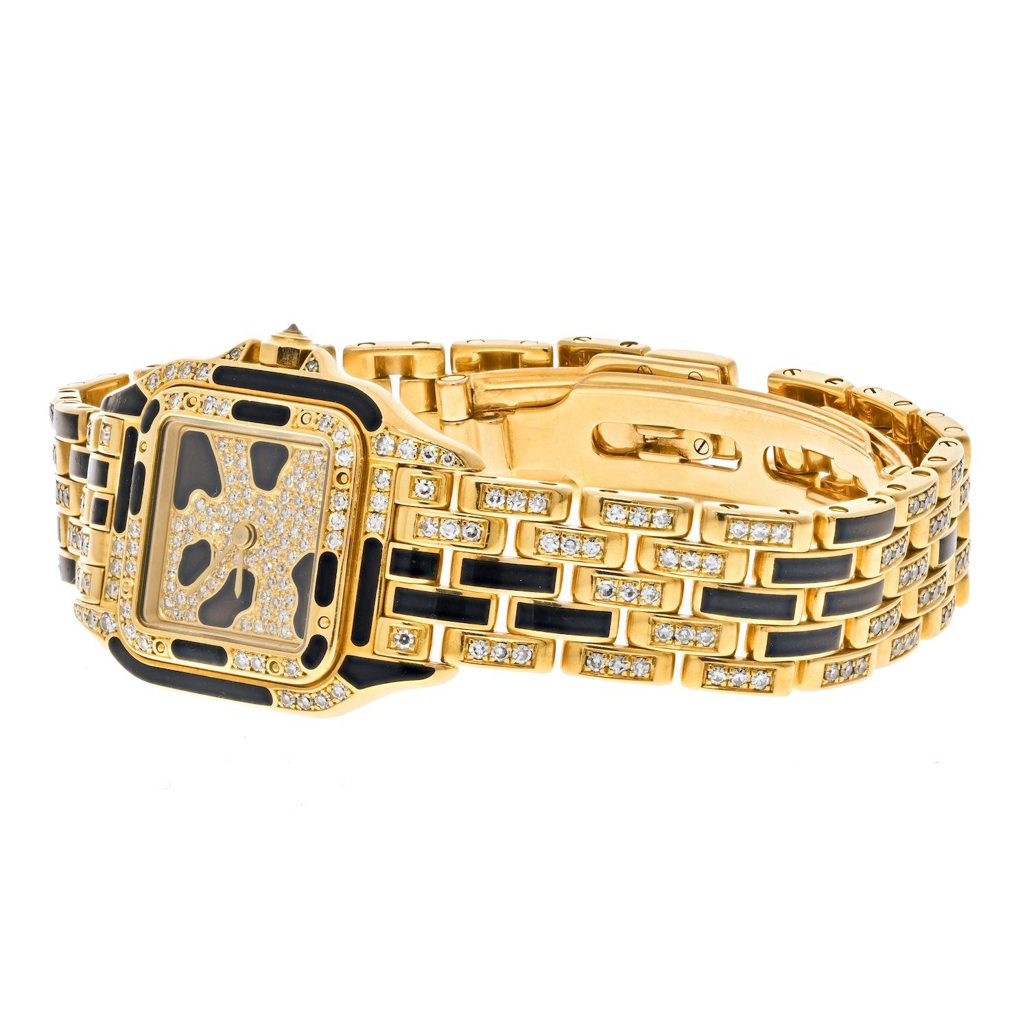 Cartier: 18 Karat Gelbgold Panthere Maillon Damenuhr mit schwarzem Lack und Diamanten (Moderne) im Angebot