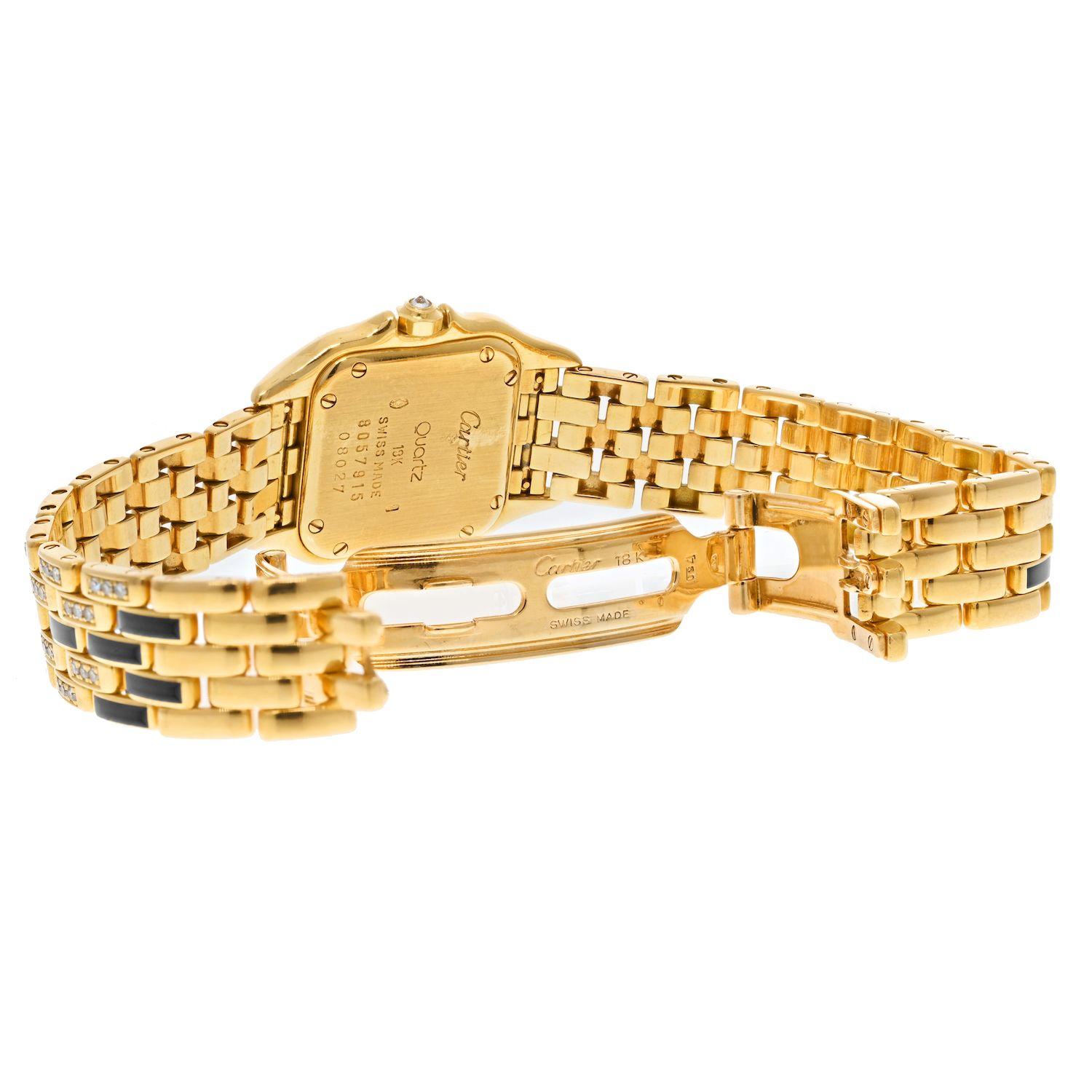 Cartier: 18 Karat Gelbgold Panthere Maillon Damenuhr mit schwarzem Lack und Diamanten im Angebot 1
