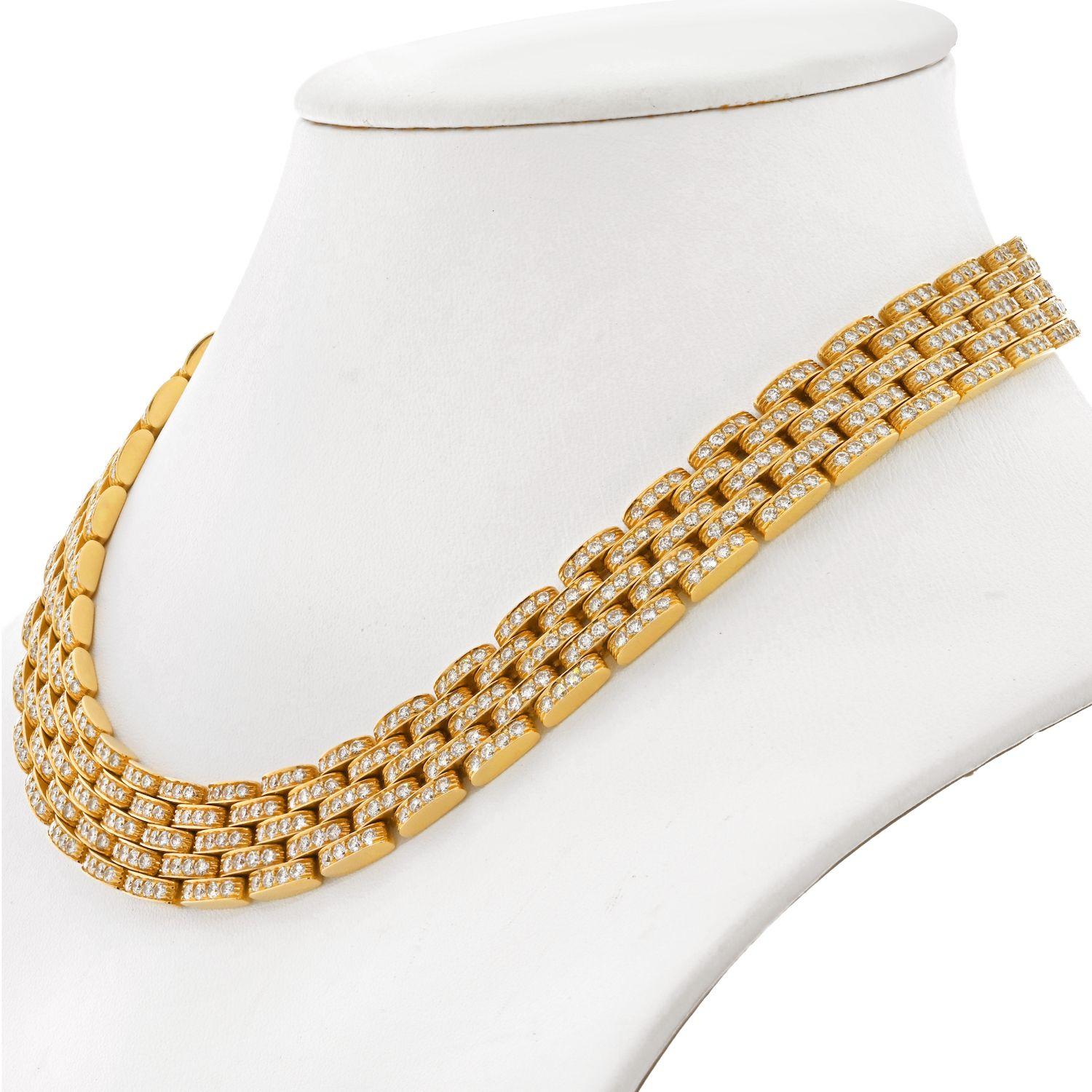 Exceptional Cartier necklace that is perfect for day to night wearing. From the Maillon collection. Five rows of diamond set links composed into a timeless collar necklace. 
This collection is named after the panther, Cartier's iconic mascot. The