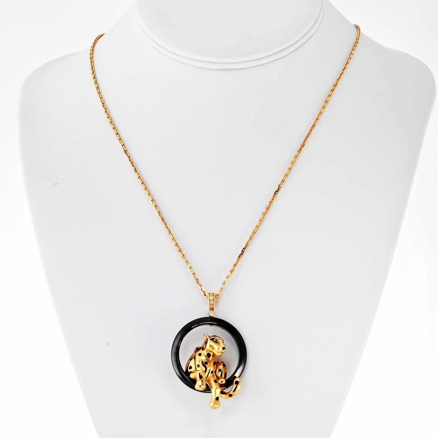 Modern Cartier 18K Yellow Gold Panthere On A Black Ceramic Chain Necklace For Sale