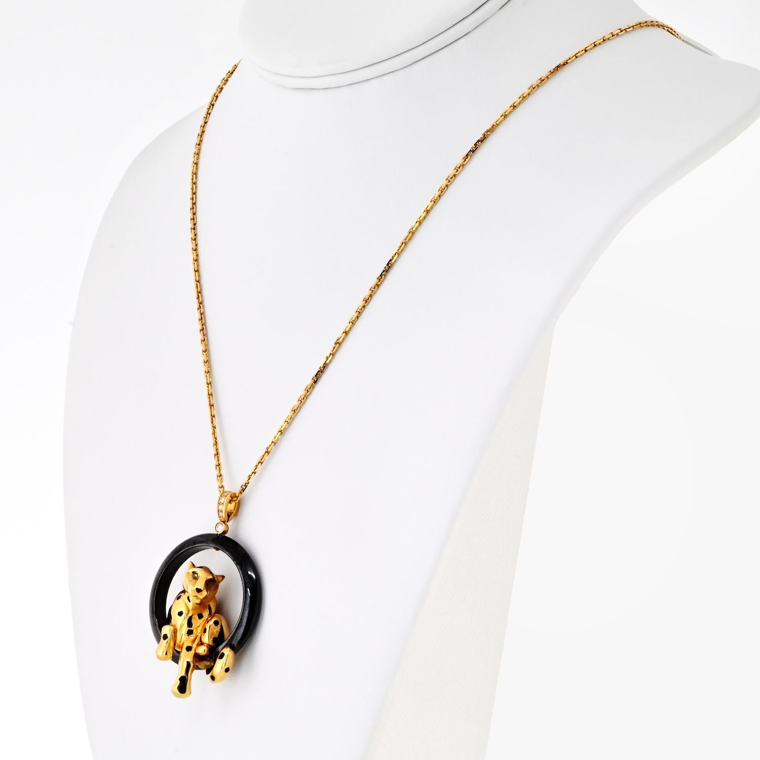 Cartier 18K Yellow Gold Panthere On A Black Ceramic Chain Necklace In Excellent Condition For Sale In New York, NY