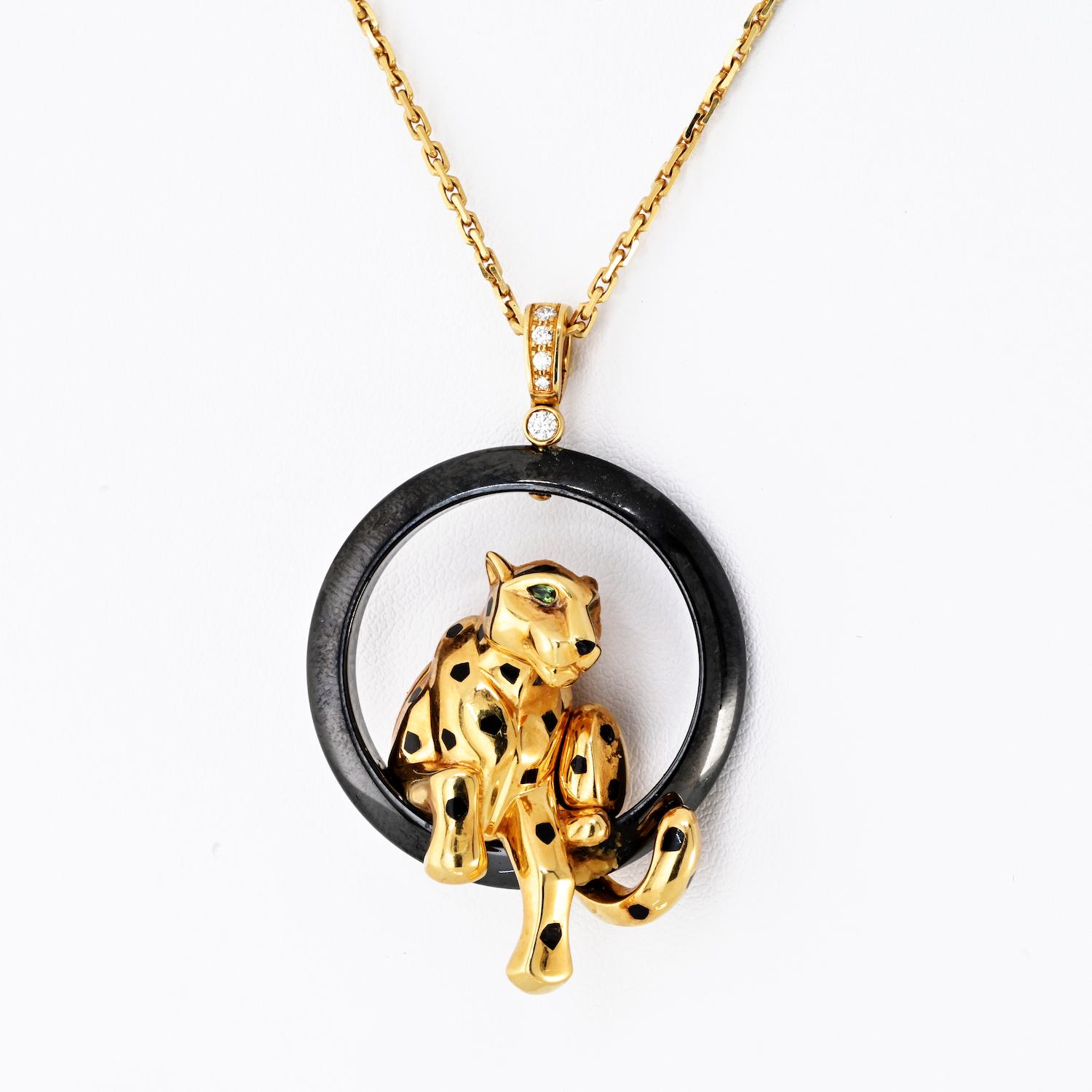 Women's Cartier 18K Yellow Gold Panthere On A Black Ceramic Chain Necklace For Sale