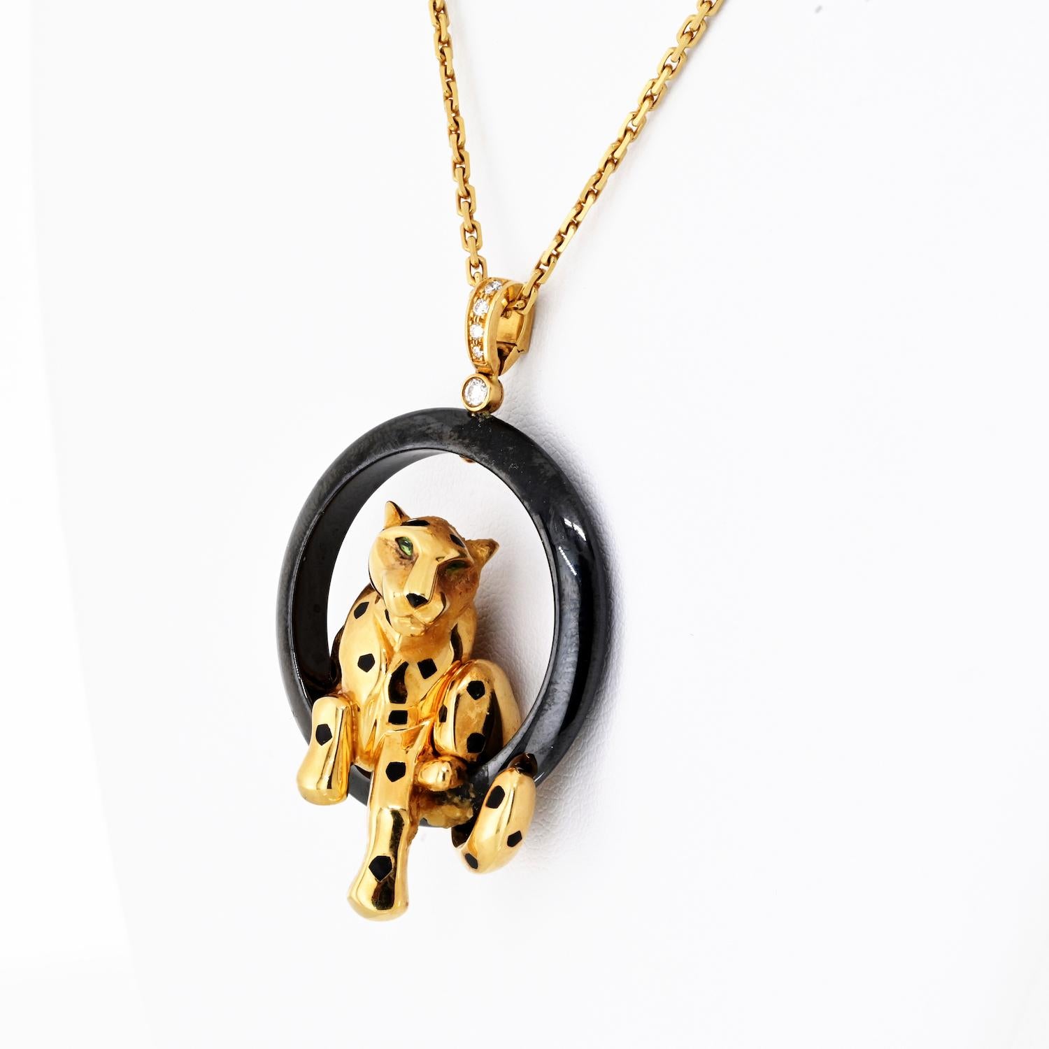 Cartier 18K Yellow Gold Panthere On A Black Ceramic Chain Necklace For Sale 1