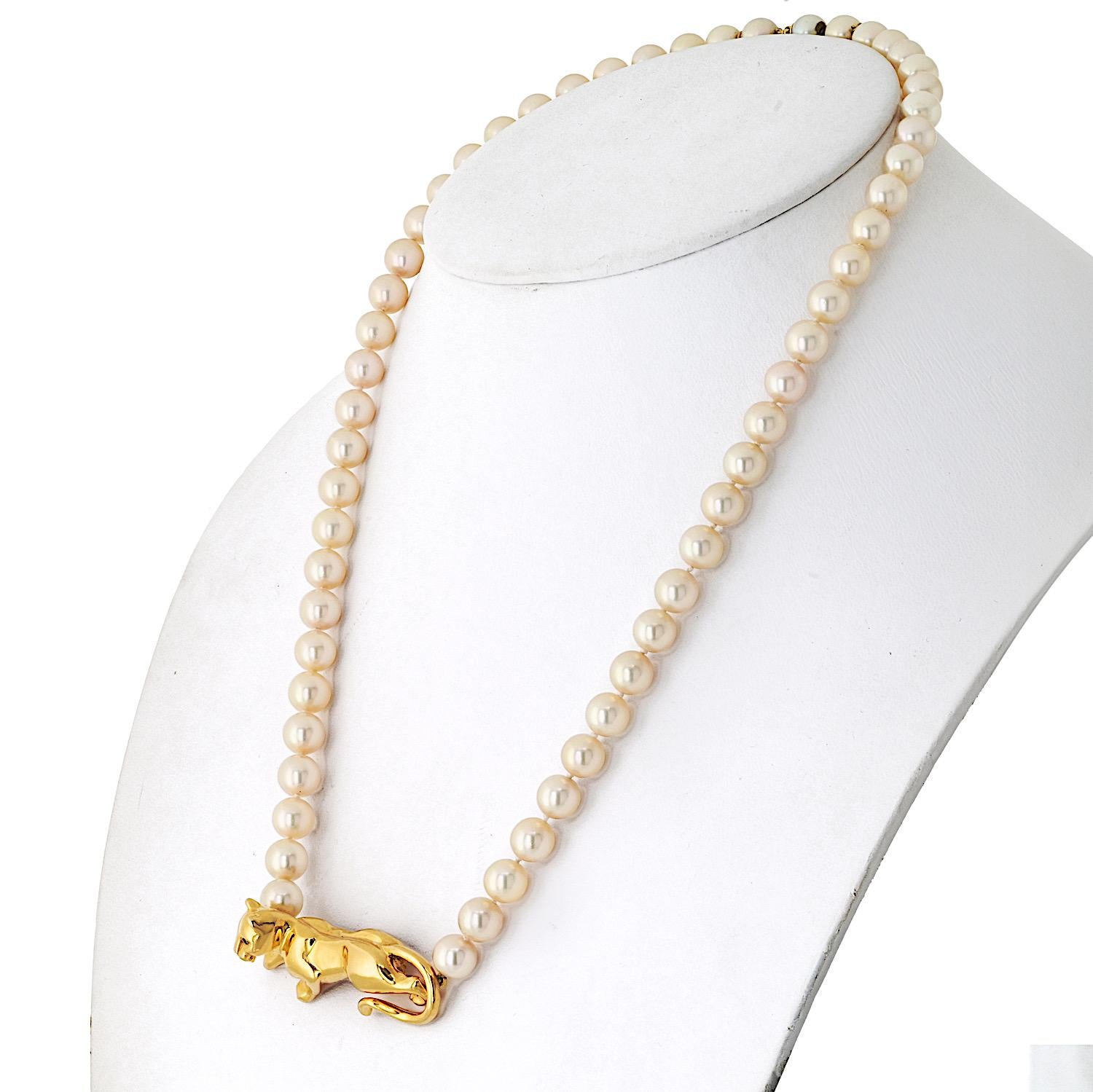 Cartier Halskette, Panther auf einem Perlenring, 18 Karat Gelbgold (Moderne)