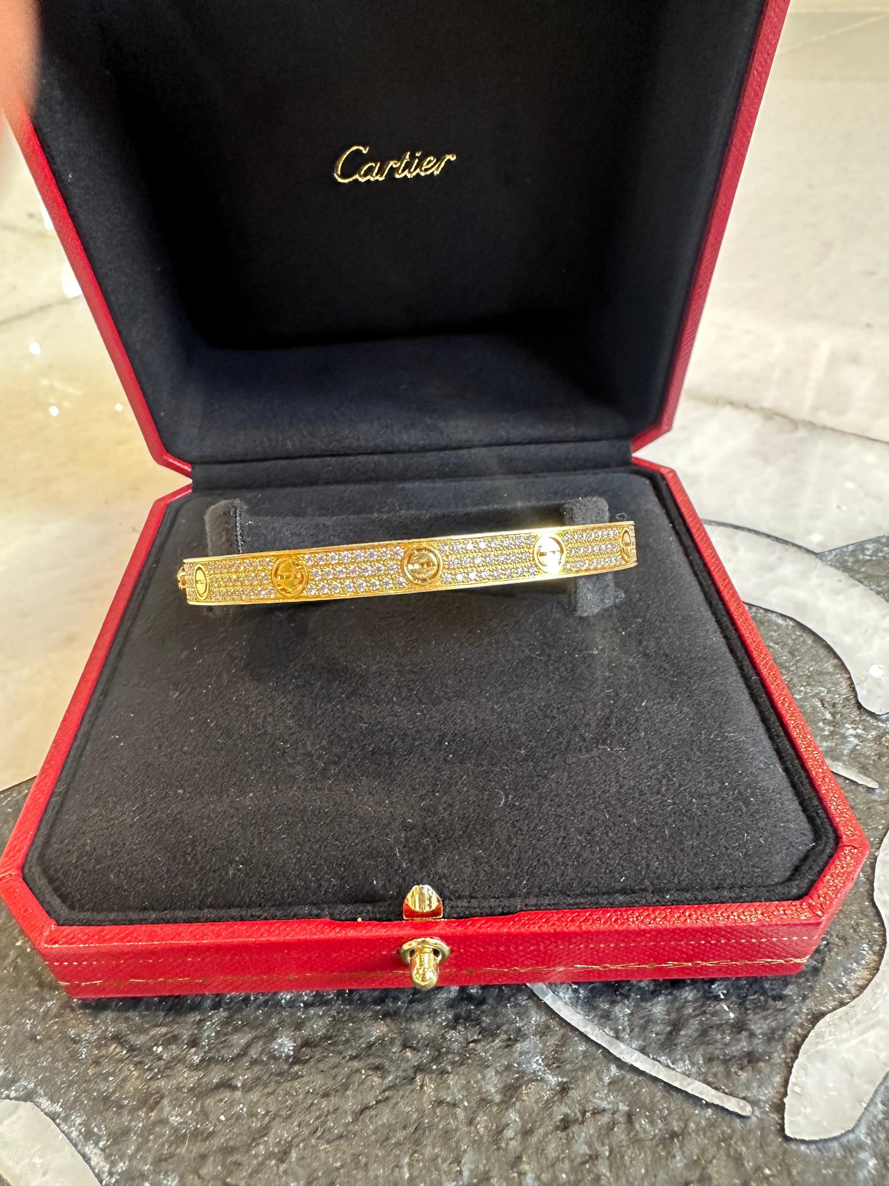 Round Cut Cartier 18K Yellow Gold Pave Diamond Love bracelet Size 20