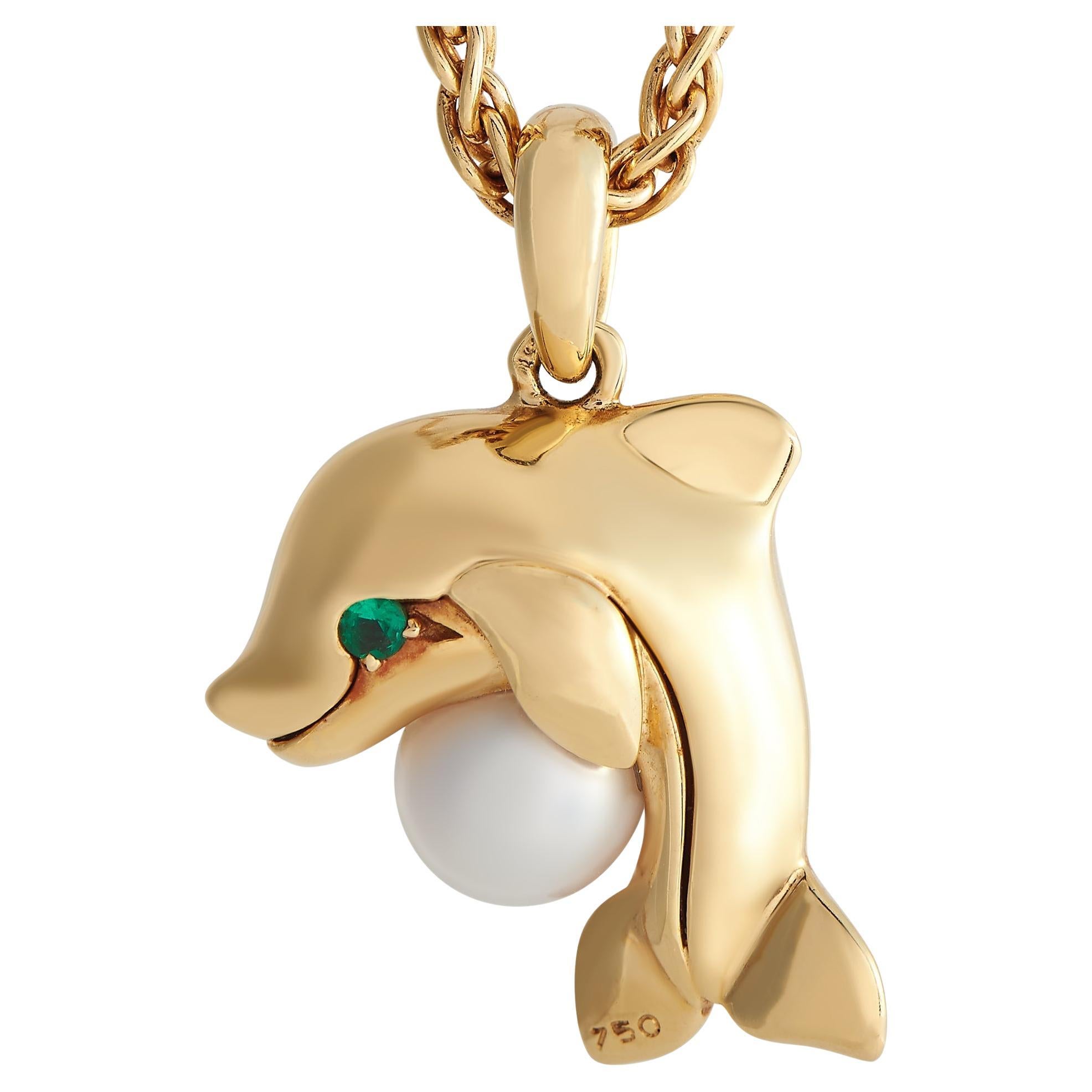 Cartier 18K Yellow Gold Pearl Dolphin Pendant Necklace