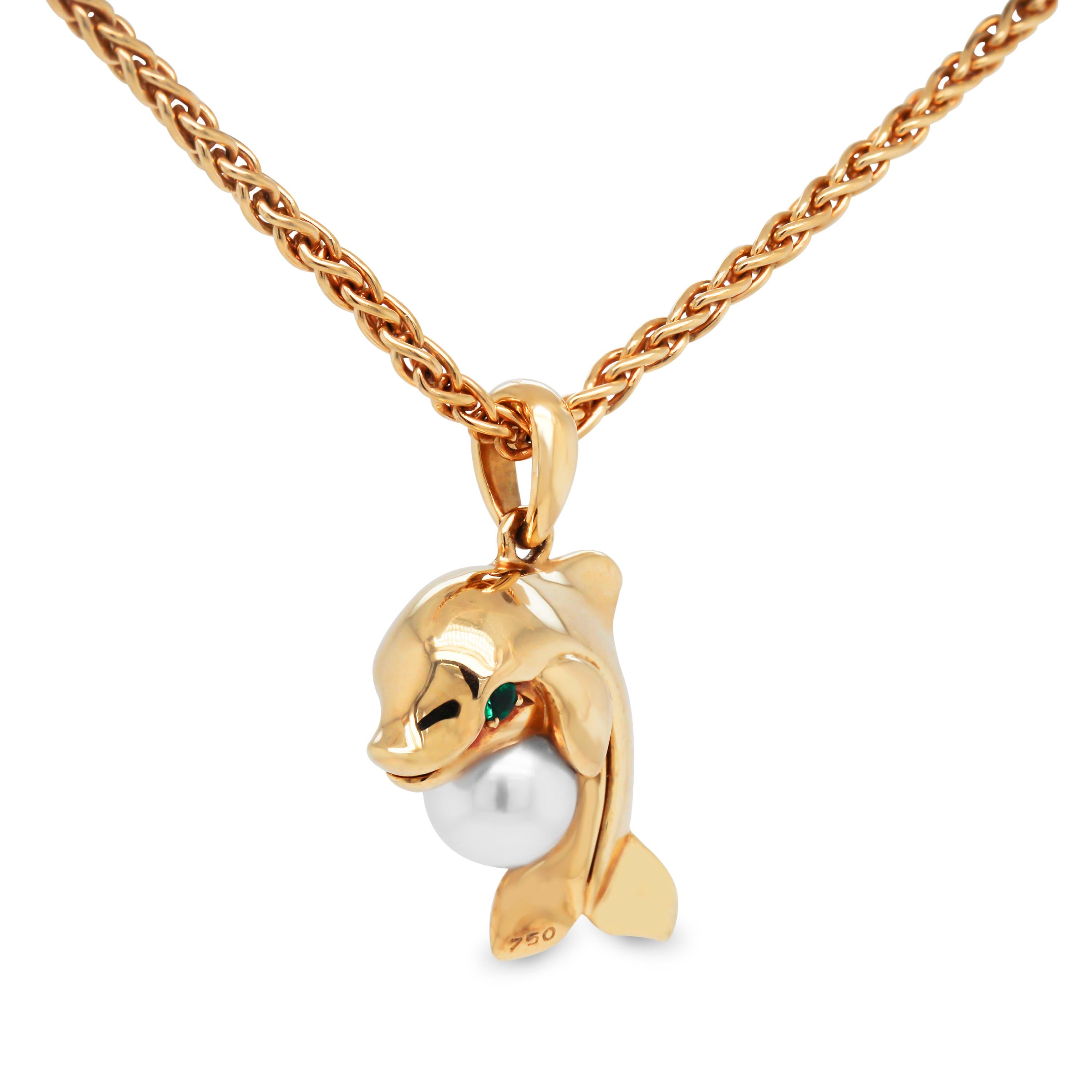 Contemporary Cartier 18 Karat Yellow Gold Pearl Emerald Dolphin Pendant Necklace