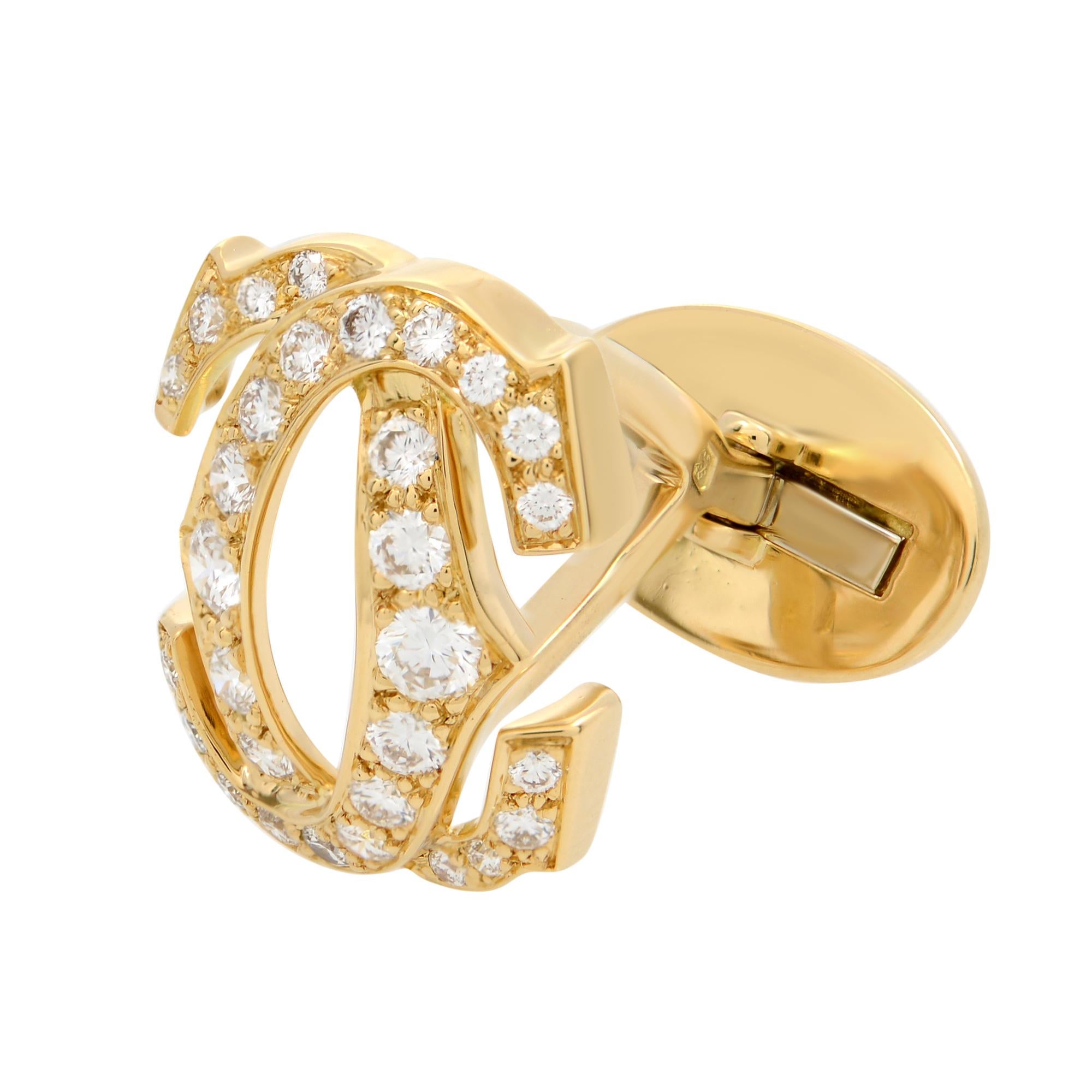 Cartier Diamond 18k Yellow Gold CC Penelope Cufflinks. Classic and famous interlocking CC motifs that are the symbol of the famous French jeweler Cartier for over 170 years. The cufflinks are set with 60 diamonds, approximately 1.50 cttw of fine,