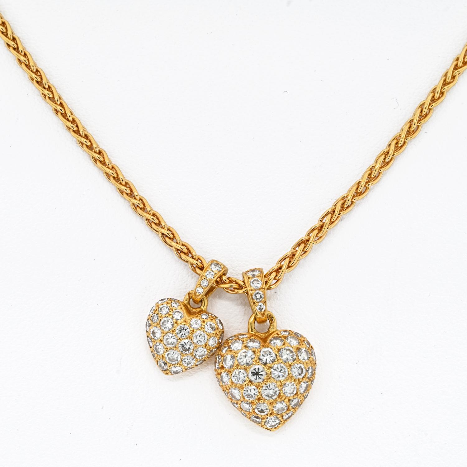Modern Cartier 18K Yellow Gold Puffy Hearts Pave Round Diamond Pendant Necklace